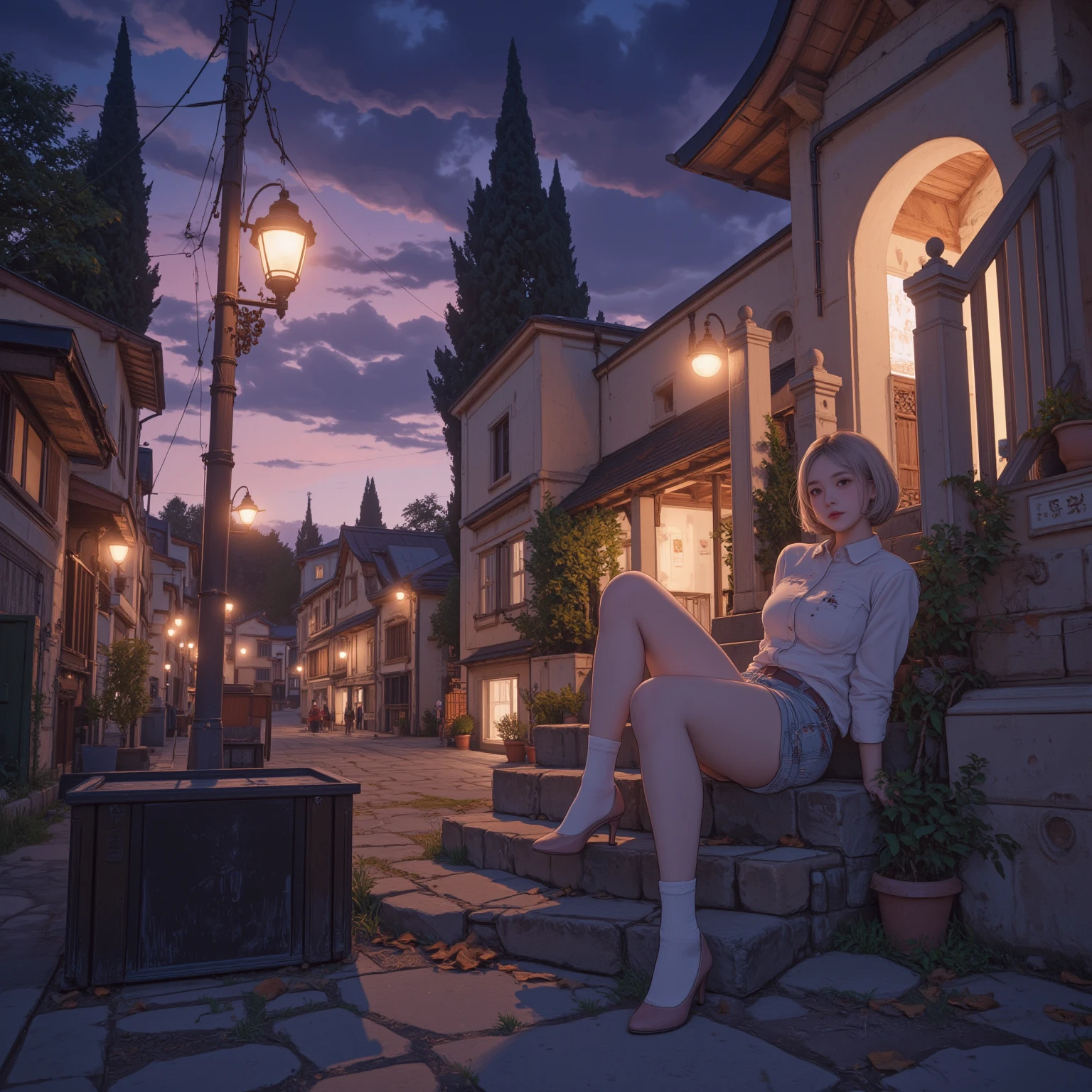 Dusk, full body, smile, Outdoors,  orbital space, simple background, 青いnull, short hair, null, temple, watching the audience, I'm sitting on the stairs, village, Soft light best quality,4K,Superb work,super realistic,photo-realistic,HDR,studio lighting for women,Superb Paintings,high resolution,clear focus,Realistic,rich colors,Bokeh