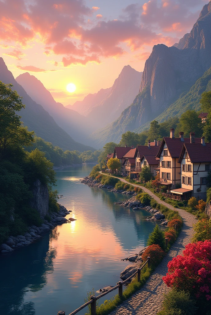 a small village by the river, mountains in the background, floral flowers colorful, detailed landscape, Beautiful natural landscapes, atmospheric lighting, scorching sunset, warm colours, practical, photopractical, Detailed Foliage, complex buildings, cobblestone street, Charming country house, swirly vibrant colors, lush vegetation, Still water reflections, Picturesque, idyllic, work of art, best qualityer, 8k, extremely detaild,anime styling