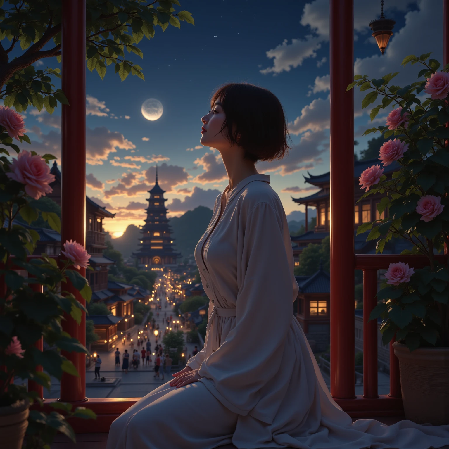 Dusk, full body, smile, Outdoors,  orbital space, simple background, 青いnull, short hair, null, temple, watching the audience, I'm sitting on the stairs, village, Soft light best quality,4K,Superb work,super realistic,photo-realistic,HDR,studio lighting for women,Superb Paintings,high resolution,clear focus,Realistic,rich colors,Bokeh