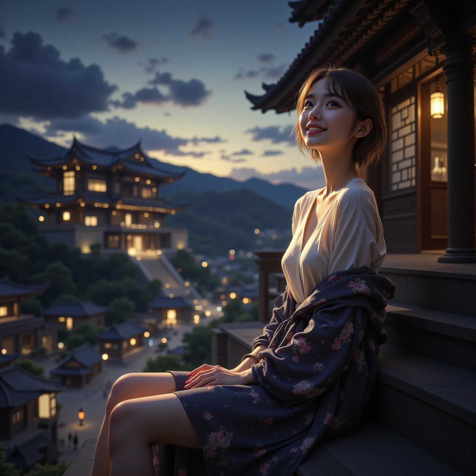 Dusk, full body, smile, Outdoors,  orbital space, simple background, 青いnull, short hair, null, temple, watching the audience, I'm sitting on the stairs, village, Soft light best quality,4K,Superb work,super realistic,photo-realistic,HDR,studio lighting for women,Superb Paintings,high resolution,clear focus,Realistic,rich colors,Bokeh