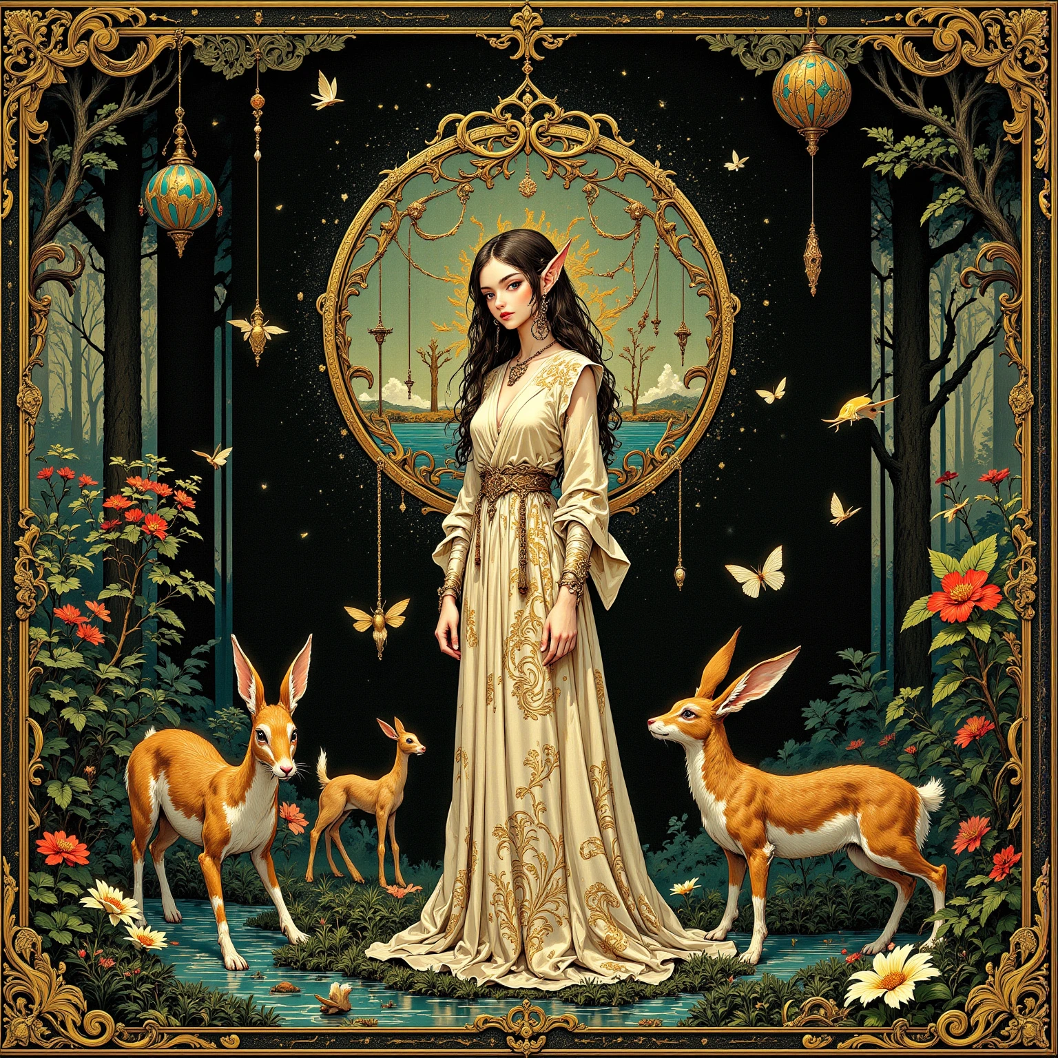   Elf Girl ,long ears, slim figure,    designs that make you feel like woods and nature  （ leaf and flower motifs  、Lightweight fabric ）Clothes for ,  earcuffs and chains to earrings ,corolla,  intellectual and mysterious  , (cat and rabbit  ） pendant or bracelet ,   decorative belts  , asymmetrical costume , Adjusting line thickness using vector layers、 have a 3D effect ,Forest and lake background , Contemporary Art Collage  ,  collage art work,  NEW ALBUM JACKET  ,  great job  !,   digital collage , collage art ,    Contemporary Collage  ,   Mixed Media Collage   ,  surreal + HD, surreal style,convertible, Pop psychedelic art  ,   highly saturated works   ,    motifs to earrings 、 add a slightly fantastic effect with airbrushing   ,