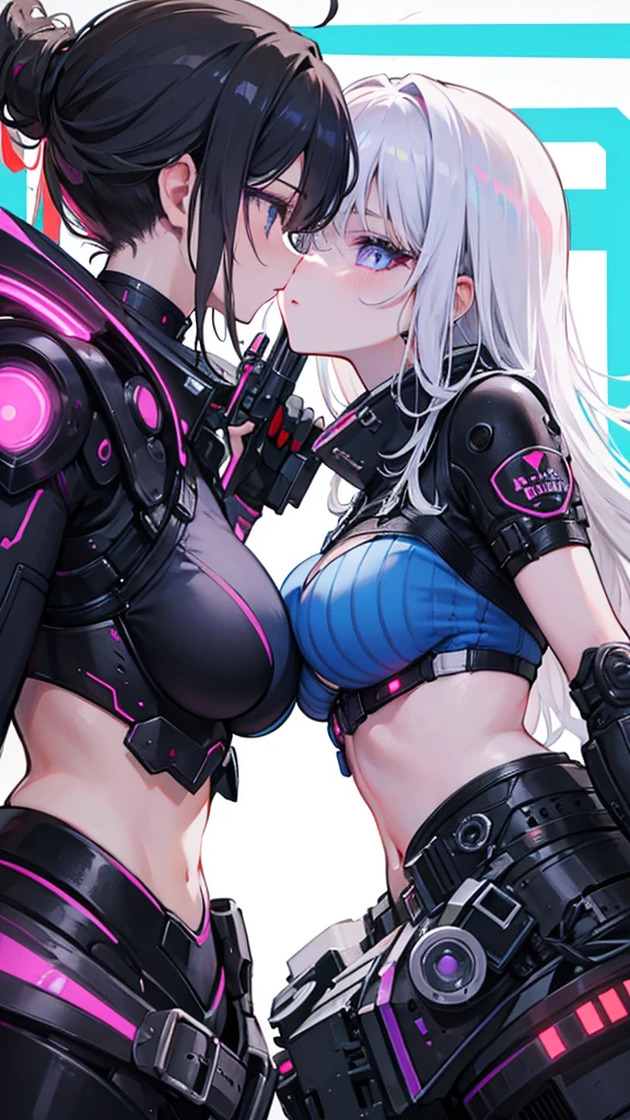((2girl),(yuri)), (masterpiece, best quality), High resolution, Very detailed,4K,8k, ((Anatomically correct number of limbs),(Anatomically correct number of fingers)), (Late Night,long shot,Cyberpunk cityscape,Vibrant neon glow), (Pink long hair,Sharp Eyes), (Pink short hair), (big breasts), (bikini armor), ((gazed at each other)), (manga,text)