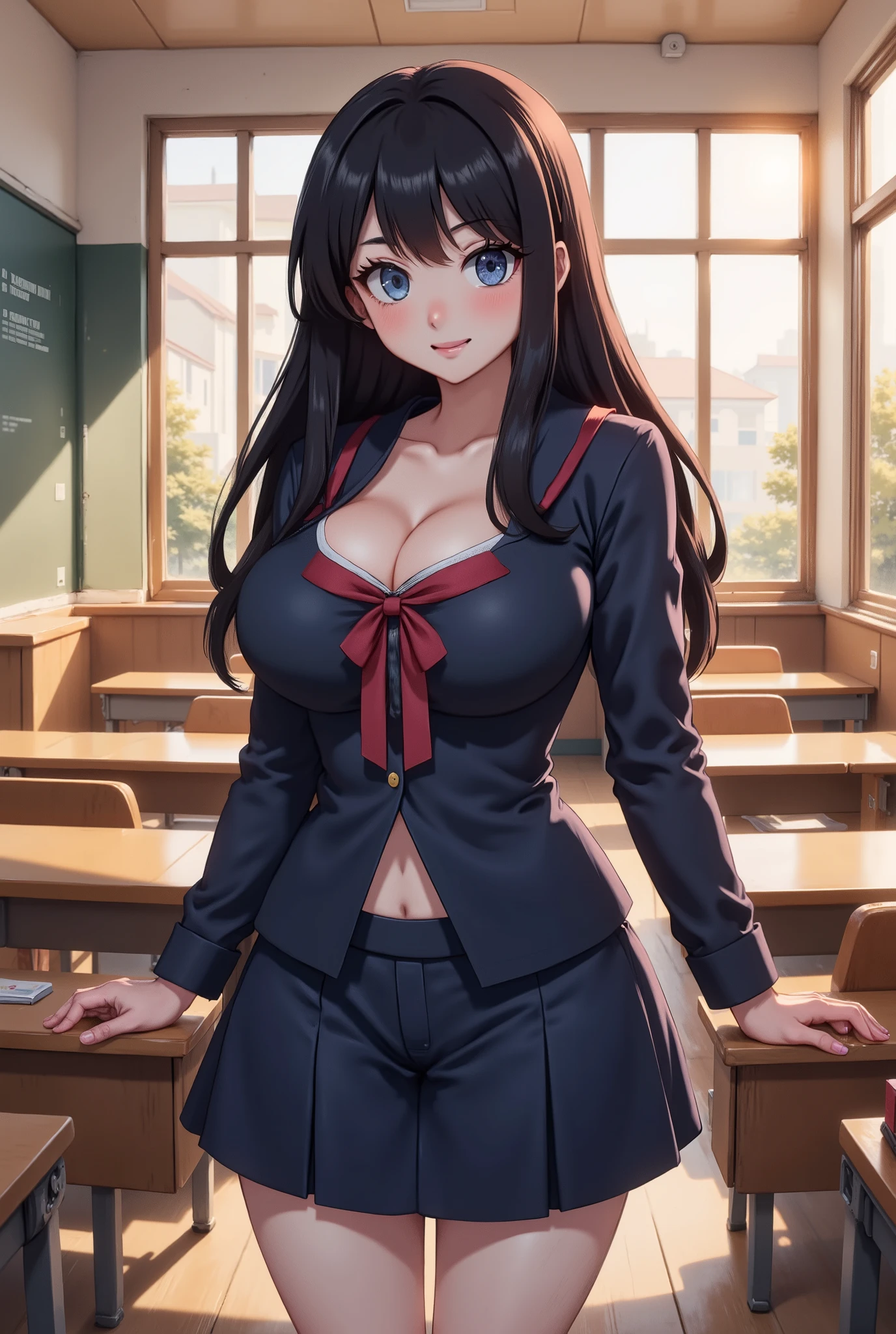 (masterpiece), (high quality), (2 girls), Rin Tohsaka, Makoto Niijima, big breasts, , cleavage, mischievous smile, tight stockings, soft lightning, looking at viewer, keeping eye contact, precise hands, realistic classroom in the background, knee over a table, seductive pose, light blush