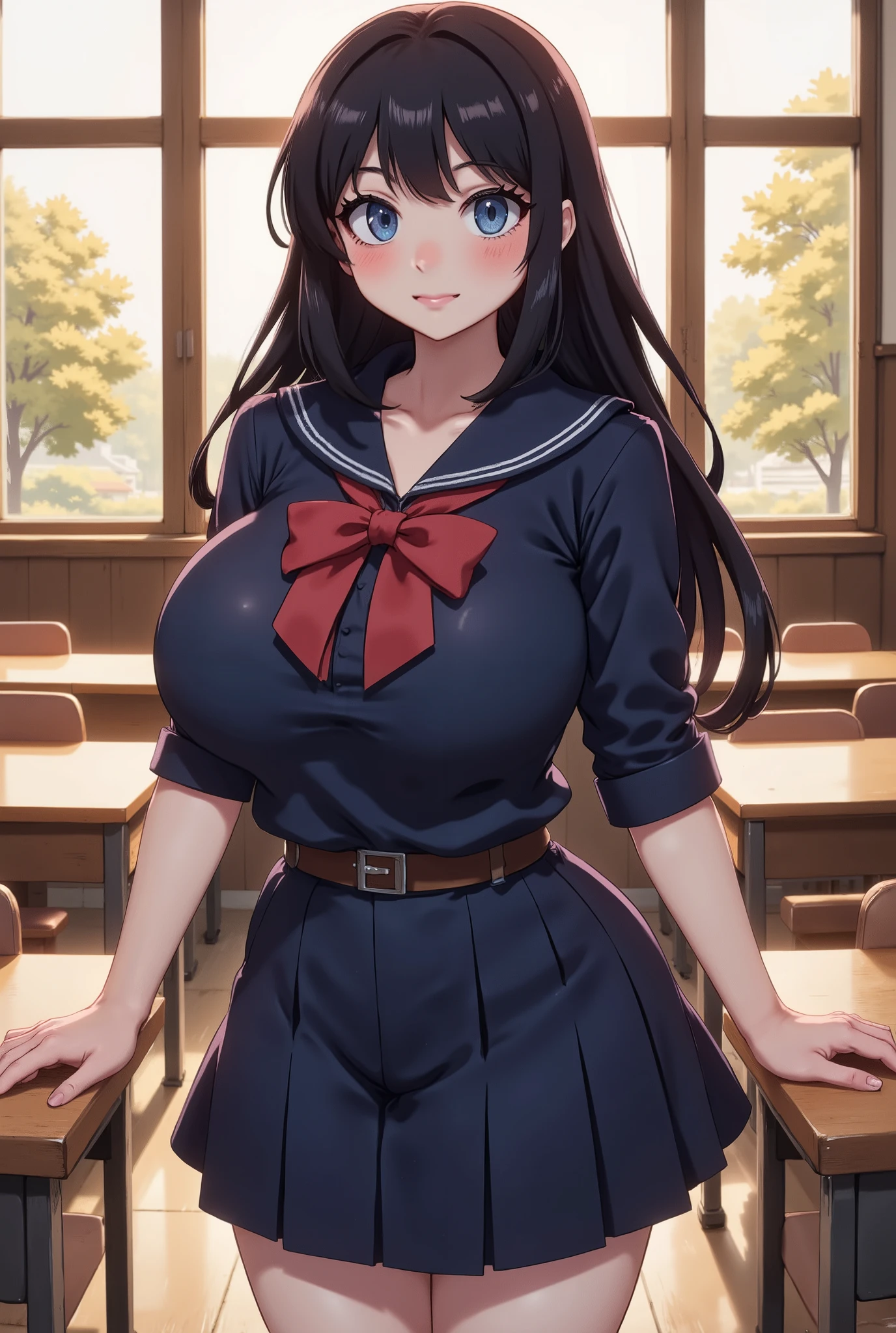 Top quality, classroom, high school girl, beautiful face, beautiful eyes, intelligent look. beautiful woman, elegant face, intelligent face, bewitching smile, beautiful glossy black hair, straight long hair, huge breasts, curvaceous beauty, narrow waist, , White sailor uniform, red ribbon tie, short navy pleated skirt, elegant behavior