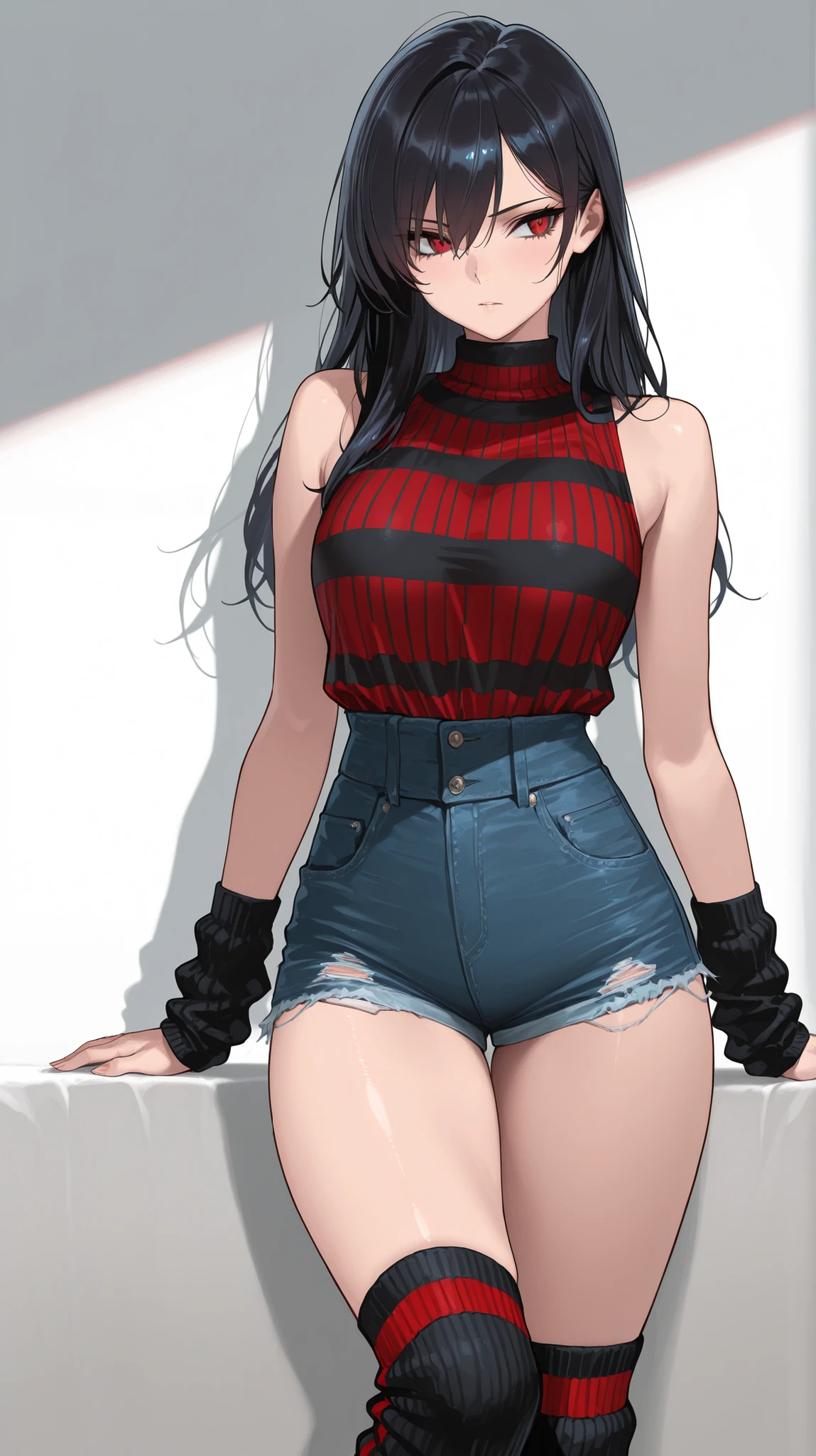 masterpiece, best quality, amazing quality, newest, very aesthetic, 1girl,Image is a digital illustration featuring a stylized female character with a confident pose. She has long, dark hair and a fair complexion. Her facial features are sharp, with a strong jawline and expressive eyes. She is wearing a sleeveless, red-striped top and high-waisted, light blue denim shorts with frayed edges. Her accessories include black wristbands and knee-high leg warmers with red stripes. The character's expression is assertive, and her body language suggests a sense of empowerment. The background is plain white, emphasizing the character's bold appearance.