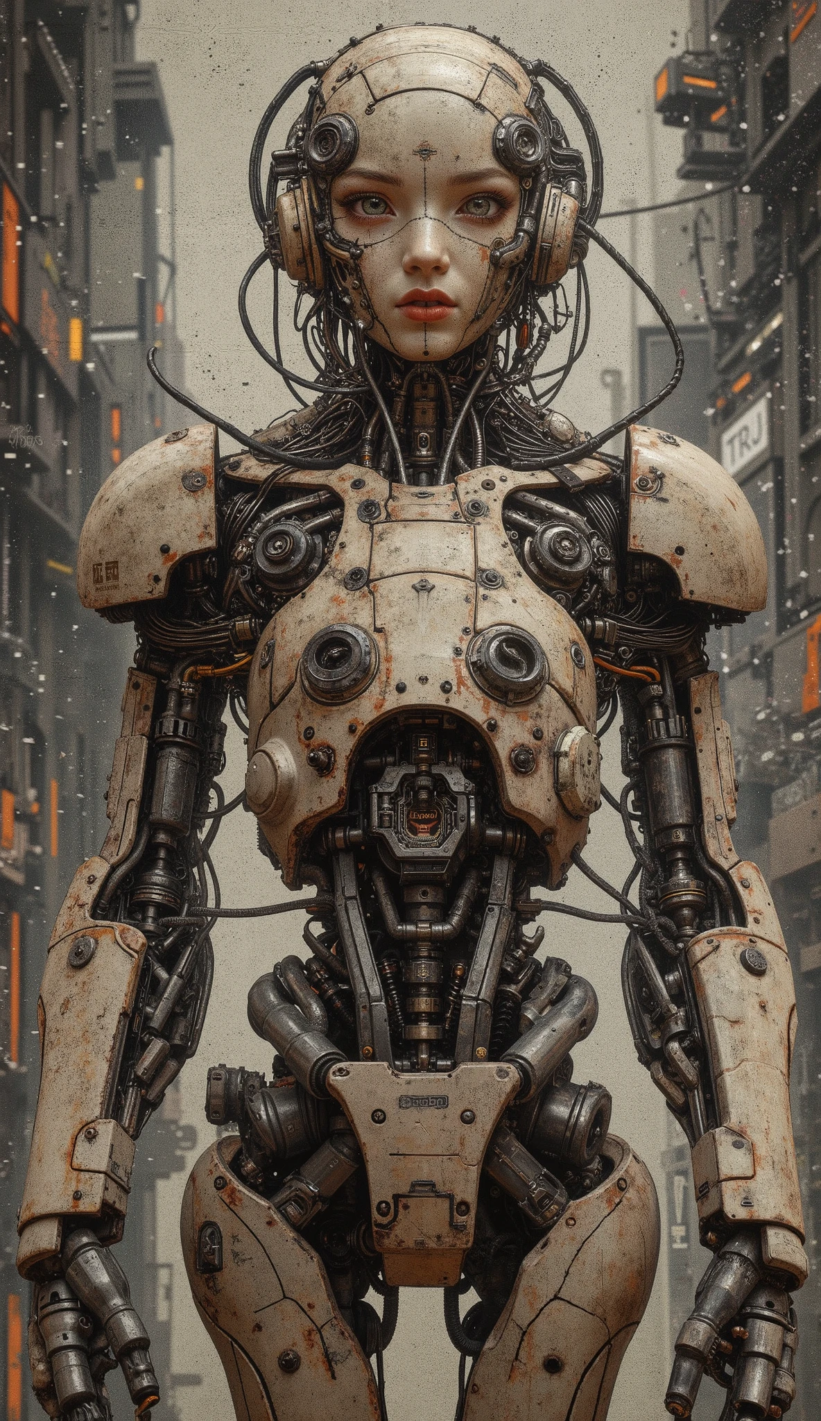 mechanical_body,mechanicl_face,full_body,short hair,black hair,good anatomy,best quality,masterpiece,beautiful,cute face (art inspired by Bill Sienkiewicz). oil painting)