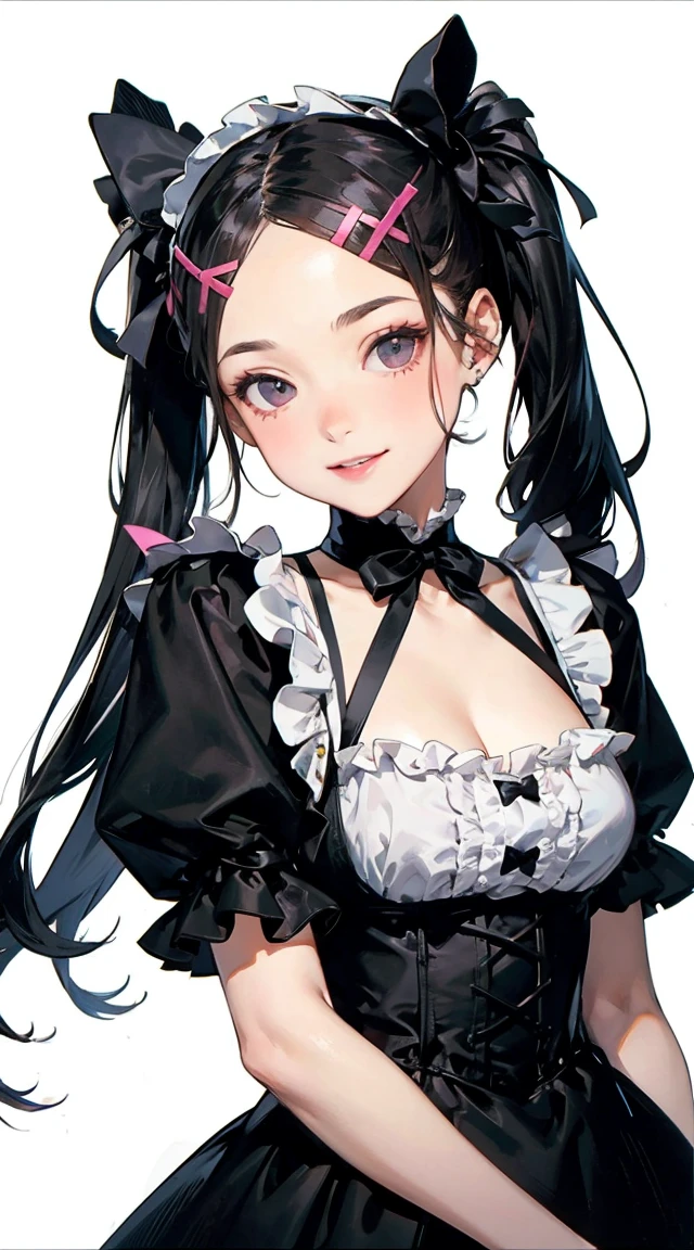 an anime image of beautiful woman dressed in gothic fashion, with very large eyes, 1girl, breasts, solo, cleavage, blue eyes, maid headdress, black hair, large breasts, looking at viewer, long hair, maid, dress, smile, tongue, black dress, bangs, frills, tongue out, blush, apron, short sleeves
((kiddie, JC,littlegirl,kodomo))