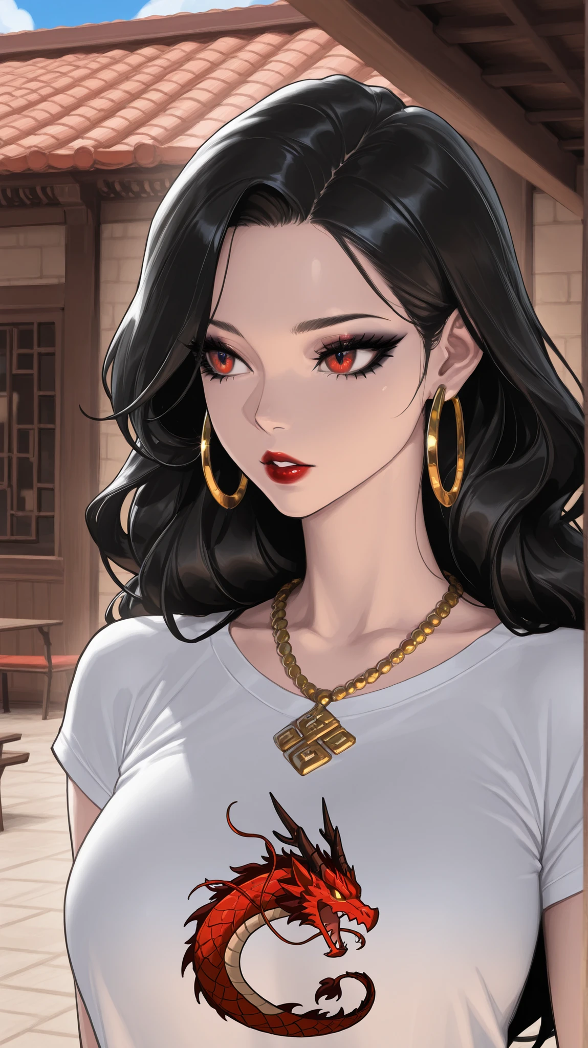 masterpiece, best quality, amazing quality, newest, very aesthetic, 1girl,Image is a portrait-style photograph featuring a woman with long, wavy black hair cascading over her shoulders. She has a medium skin tone and is wearing bold makeup, including dramatic eyelashes and red lipstick. Her expression is confident, with slightly parted lips. She is dressed in a white t-shirt adorned with a red dragon graphic and Chinese characters. The t-shirt fits snugly, highlighting the design. She accessorizes with large gold hoop earrings and layered gold necklaces. The background shows a bright, indoor setting with large windows and a glimpse of outdoor architecture, including a tiled roof and a patio area with chairs.