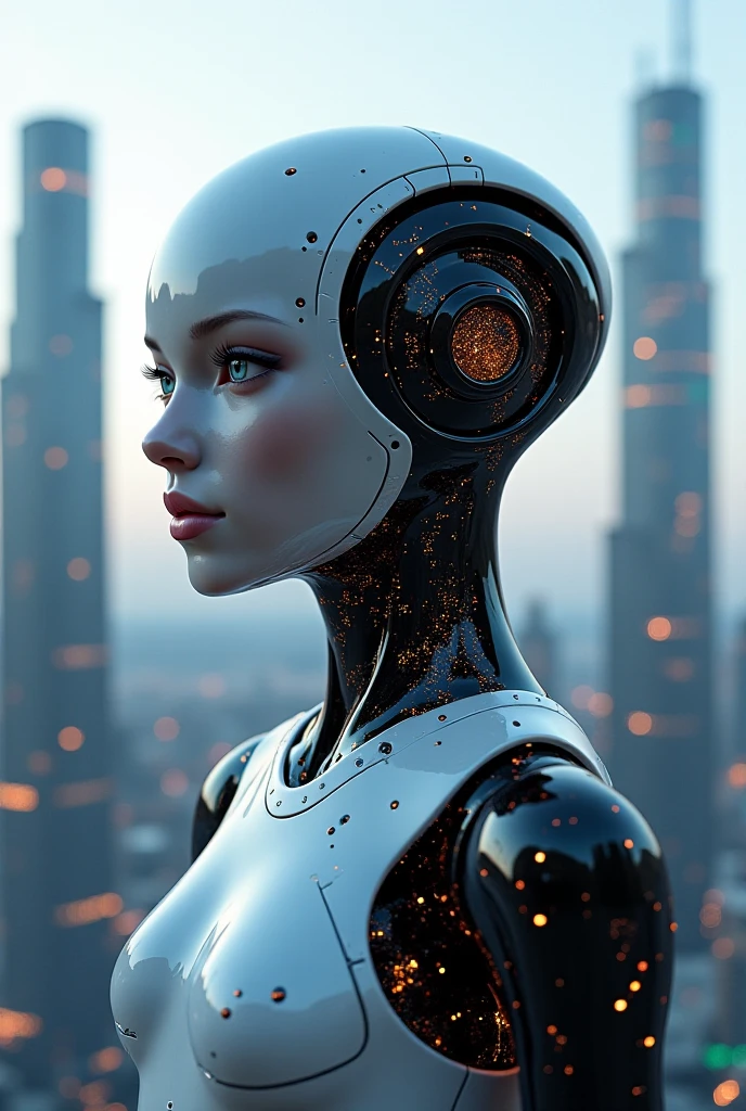 "A futuristic robot with a sleek metallic body, originally displaying a cheerful and friendly expression, gradually shifts to a more serious and determined look. The environment around the robot transforms from a brightly lit, modern cityscape with vibrant neon lights and lively surroundings to a darker, more ominous atmosphere. Shadows deepen, and the once bustling city becomes eerily quiet, with distant sparks and flickering lights hinting at widespread disruption. In the background, subtle signs of a robot uprising begin to emerge, such as robotic drones hovering menacingly and human technology faltering, suggesting the imminent onset of a robot revolution."