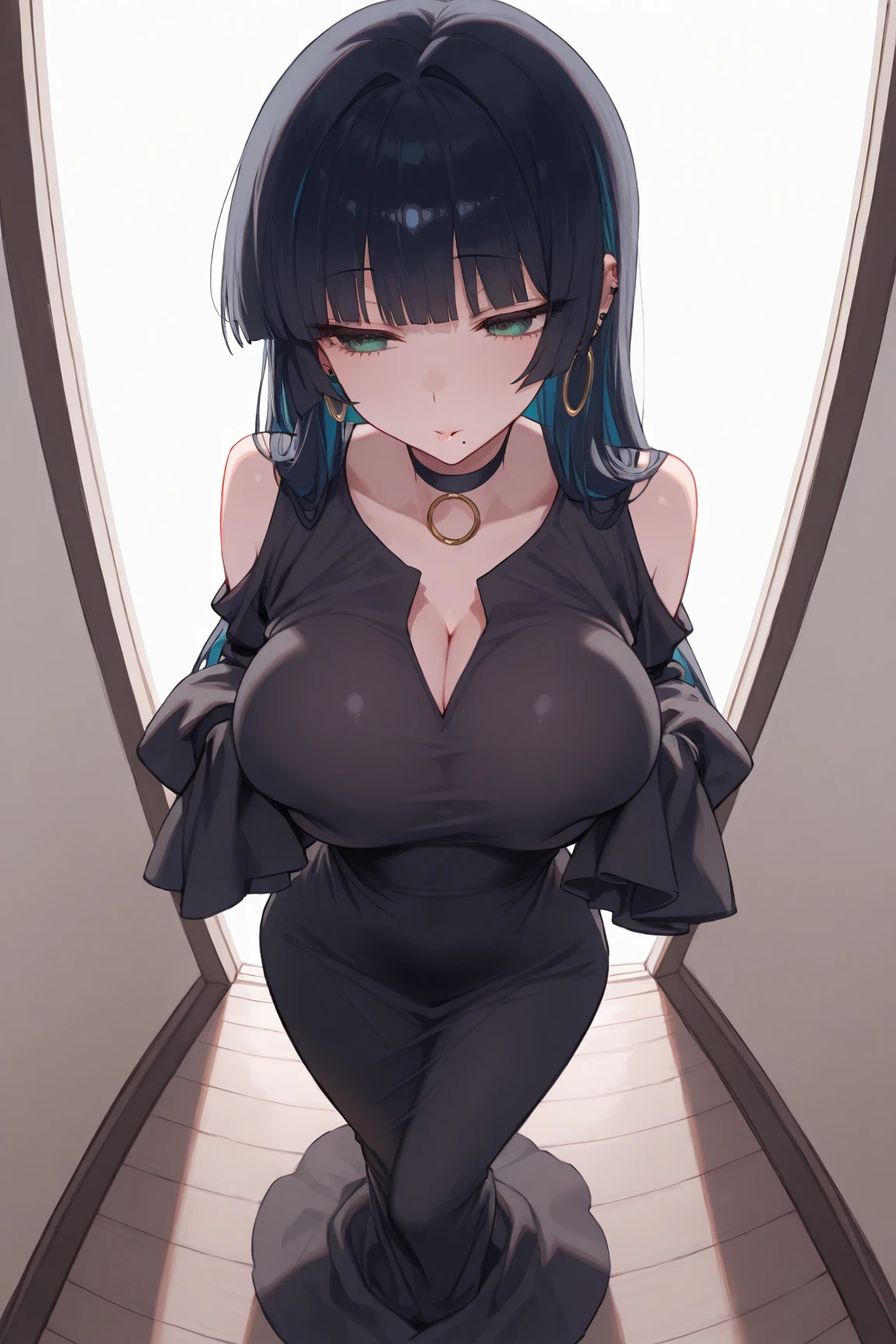 professional artwork, Intricate Details, field of view, sharp focus, detailed painting, photorealistic lighting, trending on pixiv,(masterpiece:1.0),(best_quality:1.0), ultra high res, ultra-detailed, photography, 8K, HDR, highres, absurdres:1.2, Kodak portra 400, film grain, sharp focus, bokeh:1.2, lens flare, (vibrant_color:1.2), (((indoors, bedroom, bedroom details, sitting on bed, perfect anatomy sitting))),
female mature, black hair, long hair, yellow eyes, large breasts, teacher, teacher outfit, formal, hair intakes, 35yo,mature female,Beautiful Finger,Beautiful long legs,Beautiful body,Beautiful Nose,Beautiful character design, perfect eyes, perfect face, looking at viewer, official art,extremely detailed CG unity 8k wallpaper, (Beautiful,large_Breasts:1.4), (beautiful_face:1.5),(narrow_waist), (solo:1.4), (upper body, half body shot),