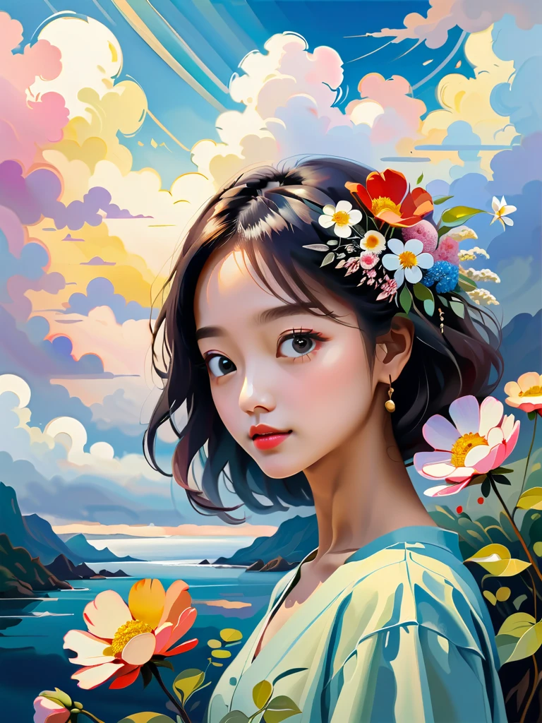 (((Diverse styles))), Detailed Scene, , Take a selfie with iPhone, cloud, And flowers,  abstract, Surreal「Painted Light」, 「pastel colors, â€, 「Isolated Subjects, â€ âinnocent colours, soft writing, Dark Ink Shadow, Detailed and Complicated Environment, masterpiece, Trace Effects, oilの質感, rich brushwork , Mysterious Charm, oil「Impressionism」, â€ âImpressionistic.â€Beautiful details, Stylized Art Aesthetics, Broken Glass Effect, no background, Wonderful, It expresses something that doesn't exist, Mythical Beings, energy, Molecular, texture, Rainbow-colored scales, Conversation in Portuguese, pure perfection , Divine Being, unforgettable, Impressive, Conversation in Portuguese, Volume Light, aura, light, Brilliant Color Reflections