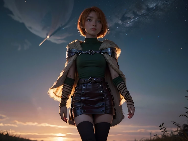 hilda, yellow cape, short hair, orange hair, slim body, small bust, mini fold, pretty legs, black stockings, in front, walking, looking at the sky, night sky,  Milky Way 