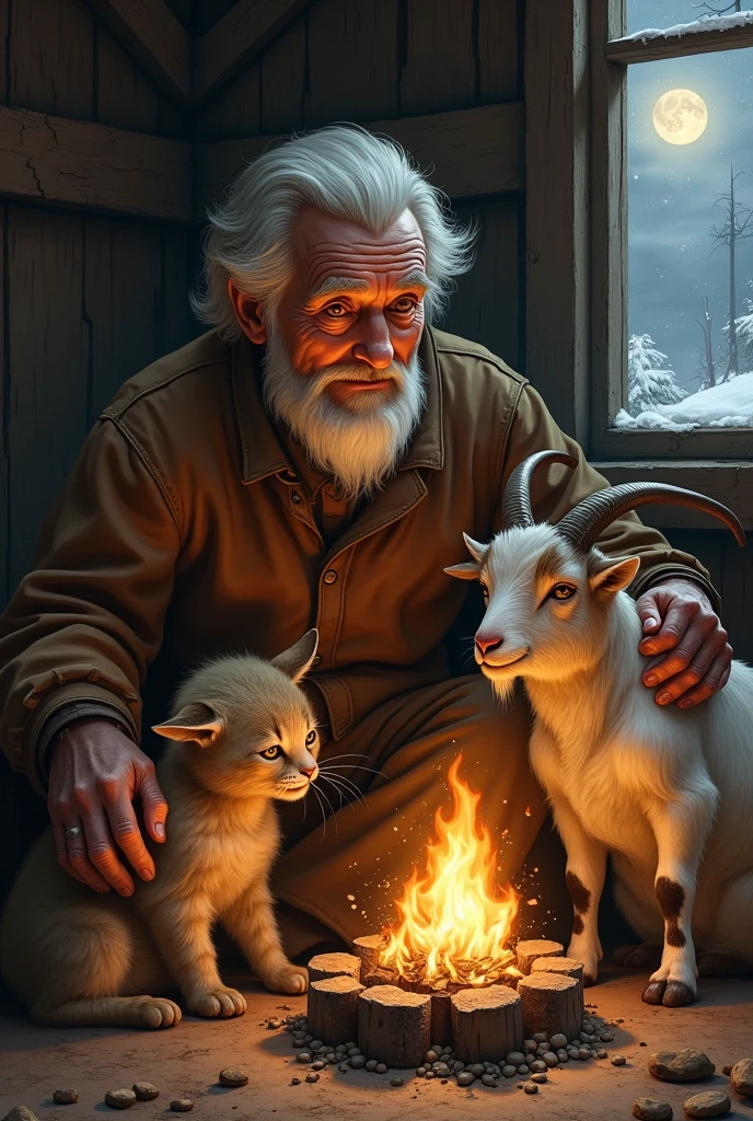The goat, the cat, and the old man will sit by the burning fire.