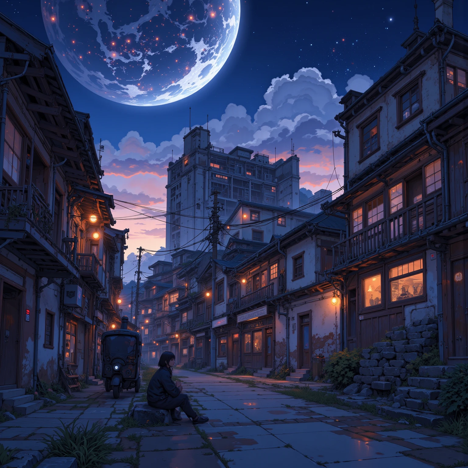 Dusk, full body, smile, Outdoors,  orbital space, simple background, 青いnull, short hair, null, temple, watching the audience, I'm sitting on the stairs, village, Soft light best quality,4K,Superb work,super realistic,photo-realistic,HDR,studio lighting for women,Superb Paintings,high resolution,clear focus,Realistic,rich colors,Bokeh