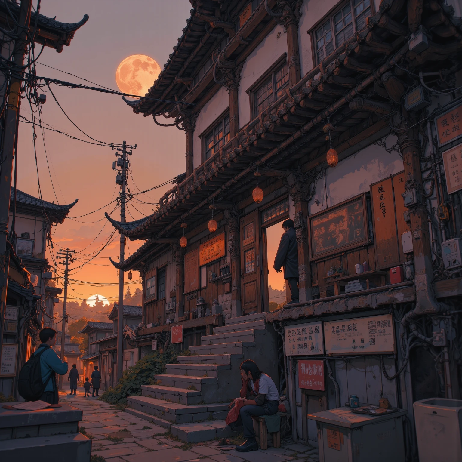 Dusk, full body, smile, Outdoors, orbital space, simple background, 青いnull, short hair, null, temple, watching the audience, I'm sitting on the stairs, village, Soft light best quality,4K,Superb work,super realistic,photo-realistic,HDR,studio lighting for women,Superb Paintings,high resolution,clear focus,Realistic,rich colors,Bokeh
