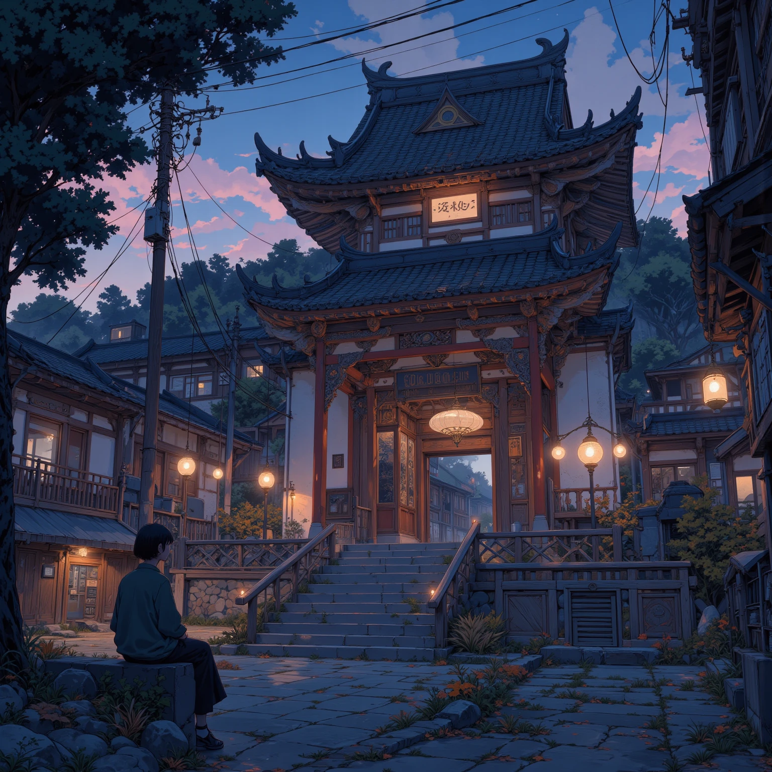 Dusk, full body, smile, Outdoors,  orbital space, simple background, 青いnull, short hair, null, temple, watching the audience, I'm sitting on the stairs, village, Soft light best quality,4K,Superb work,super realistic,photo-realistic,HDR,studio lighting for women,Superb Paintings,high resolution,clear focus,Realistic,rich colors,Bokeh