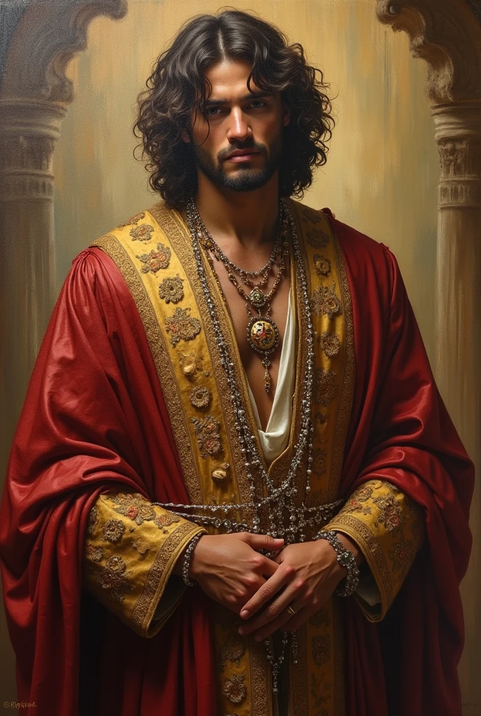 Picture of the prodigal son younger brother who uses his father money with expensive robe and jewely hang in his body