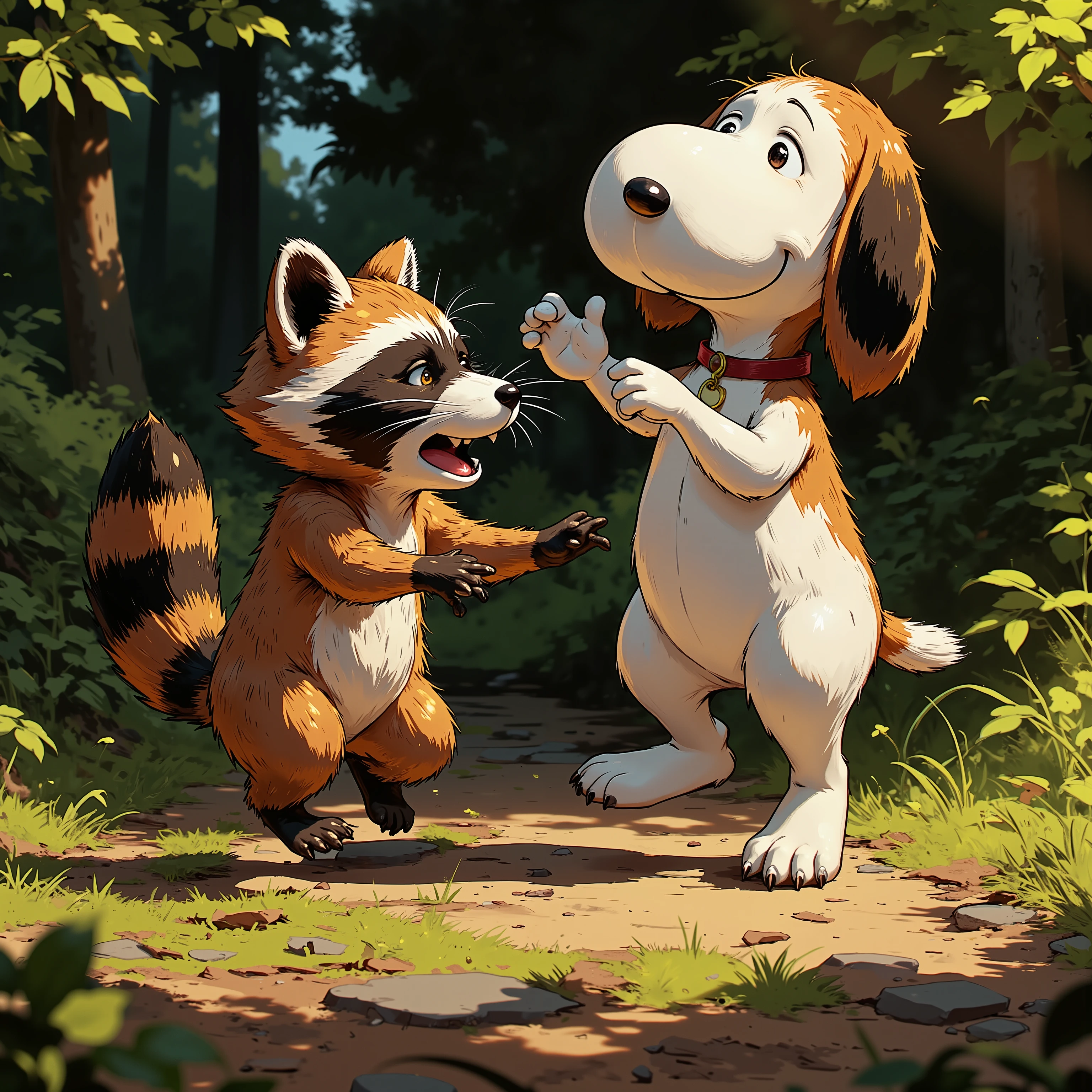 (2animals,(the one is a Snoopy,Peanuts ),break,the one is a raccoon),break,hyper realism
