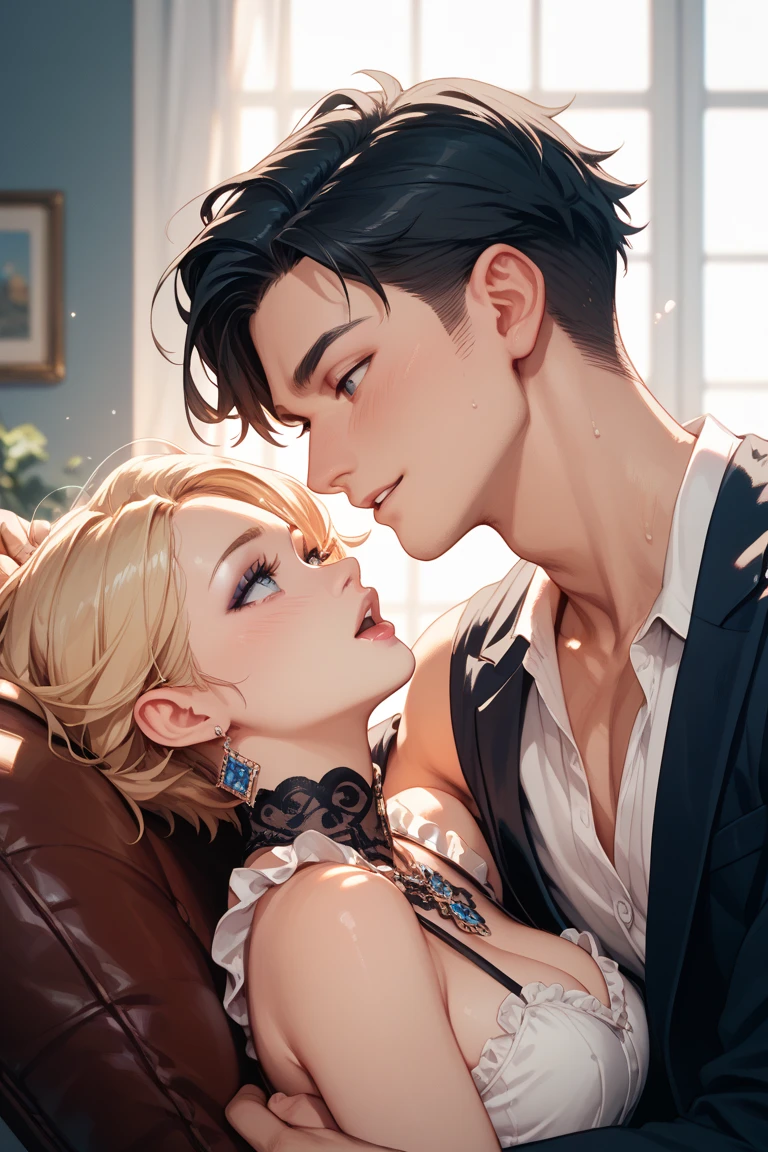 (Tabletop, digital art, digital illustration, 4K, 8K, highly detailed, beautiful photos, sharp images, realistic, RAW photos, perfect face, perfect lines, perfect eyes, soft lighting), Imperial Hotel, on a sofa, (man kissing a woman in formal dress), kiss, kiss, press your lips.