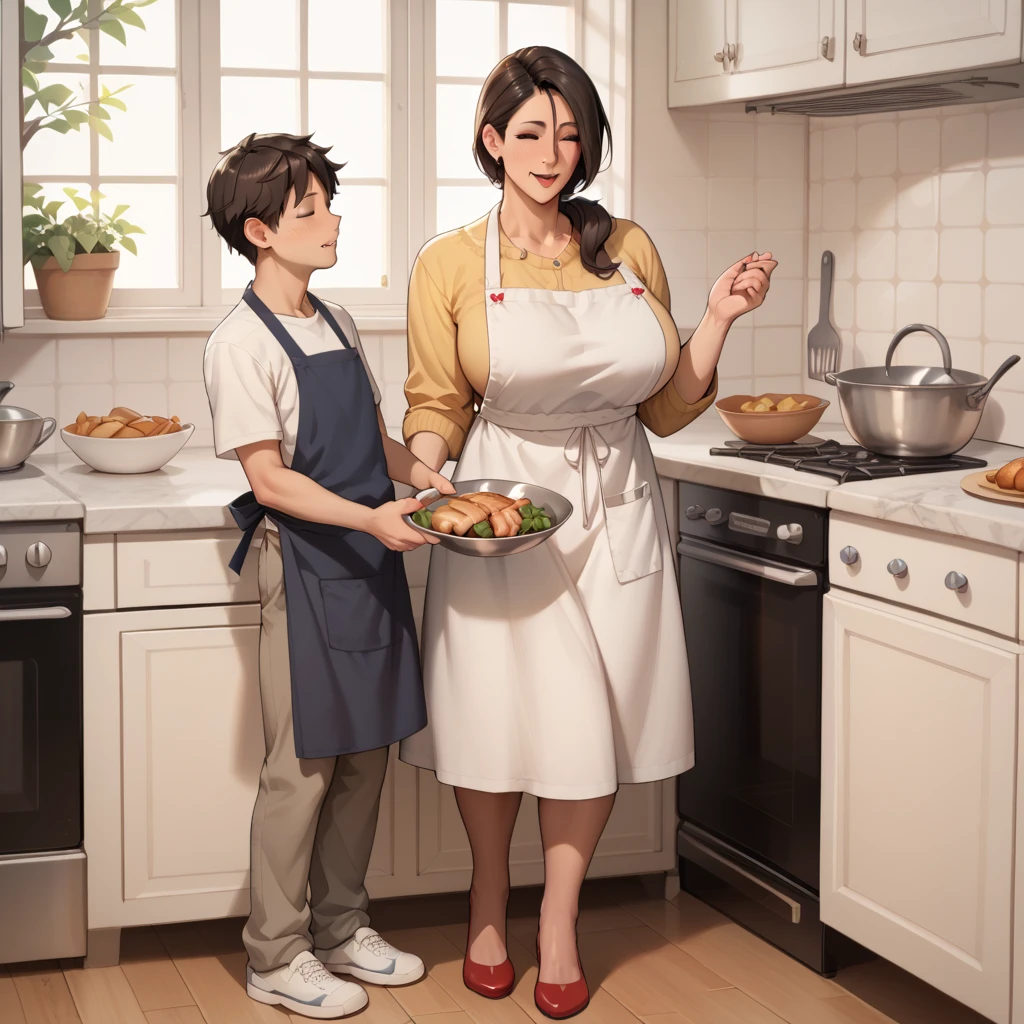 Thick mother milf body 40 year old mother in apron   offering herself to his son mature female and small son in kitchen create full body 
