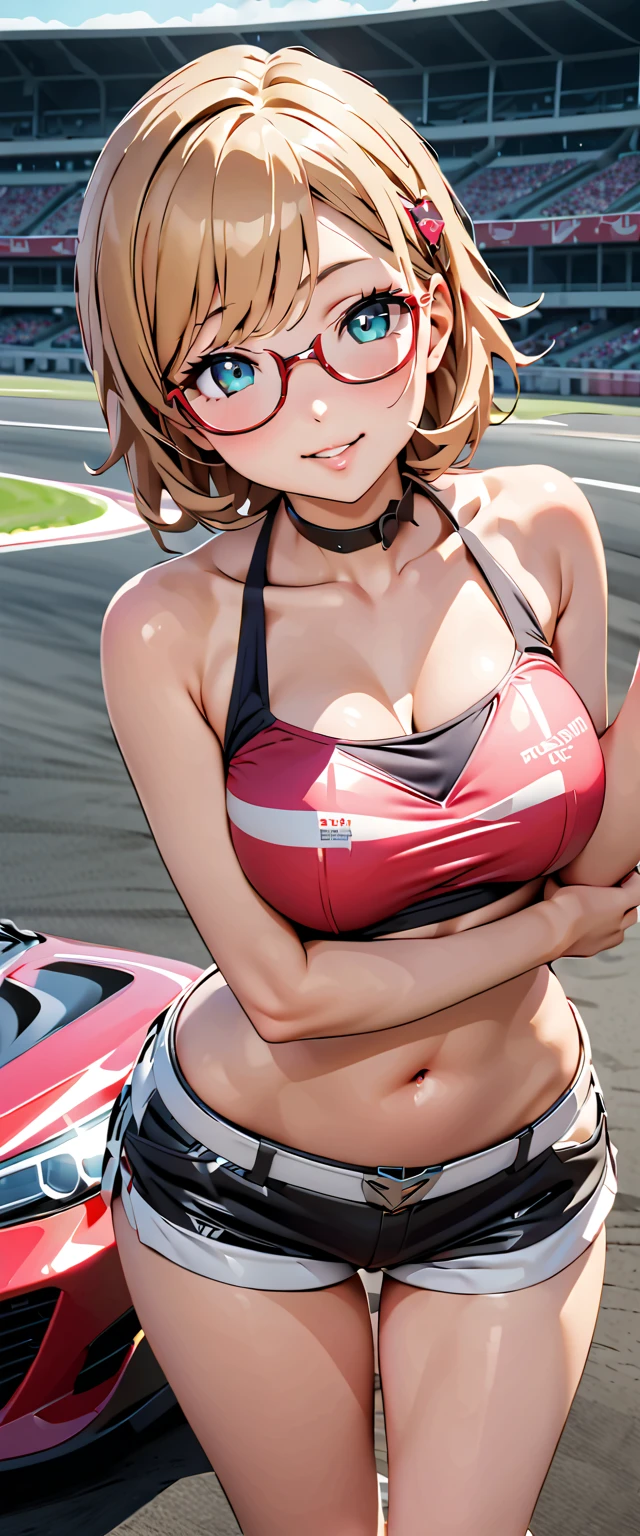 ((Race Queen Woman))、(Big Tits:1.5)、((Translucent race queen outfit))、((Pink Race Queen))、(See-through)、Blushing、View your viewers、(Reddish brown shiny short hair)、Beautiful fingers、Full body portrait、cute 、Digital Illustration, (Realistic:1.3),(RAW Photos.), (Tabletop,highest quality,Ultra-high resolution output images,) (8K quality,),(Picture Mode Ultra HD,),(Picture Mode Ultra HD)、(((Motorsport Race Venues)))、(On top of a racing car)