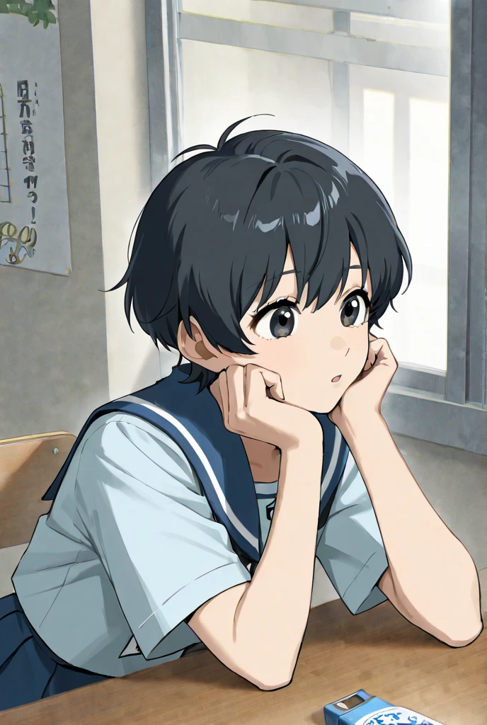 middle school students、uniform、 quick、short hair、d cup、black hair