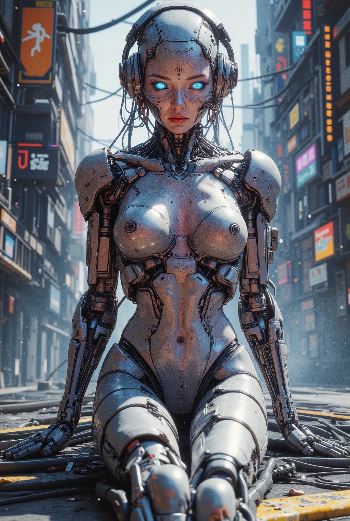 1 Mechanical Girl, portrait, global illumination, Shadow, metal, real light, Shining Eyes, sitting facing the camera, Neon Details, Mechanical Limbs, A mechanical vertebra that attaches to the back, Mechanical neck that attaches to the neck, big breasts, glamorous, Seated, skin head, full body shot, Sh1k, Watercolor