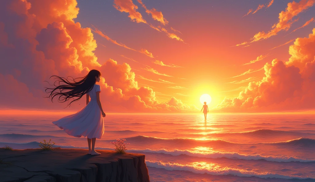 A lone young woman stands on a windswept cliff at the end of the world, her long hair and flowing dress rippling like liquid ink against a burning sunset. The horizon line bleeds into an endless ocean where the sky melts into liquid gold and violet. Her outstretched hand reaches toward a distant silhouette (a man walking away or just a shadow?)—the space between them filled with swirling cherry blossoms that disintegrate into stardust. At her feet, tide pools reflect fractured memories of happier times. 4K anime cinematic key visual, Studio Ghibli-style painted clouds, Ufotable-level particle effects for dust/light, depth of field blur on distant figure, color graded in warm nostalgic tones (2.35:1 aspect ratio). –v 6 –style 4b –chaos 20