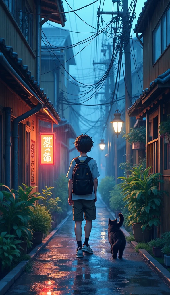 A cinematic, high-detail anime-style illustration of a rainy night in a narrow Japanese alley. A young man with a backpack is walking alongside a black cat, both seen . The wet pavement reflects the soft glow of warm street lights. Neon signs, overhead cables, and lush green plants line the alley. Rain is gently falling, and the scene has a serene, melancholic atmosphere. Blue and purple hues dominate the background, with soft light filtering through the mist. The setting feels peaceful, introspective, and a bit nostalgic. Ultra-realistic anime lighting, 4K resolution, Studio Ghibli-inspired composition.