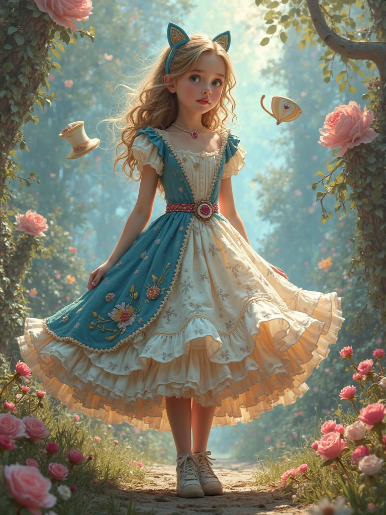 Illustration of a girl, kids, 1 blonde child of "10 years", "happy" in an enchanted flower garden, wearing long dress of braco and blue color, blue sky of clouds, playing with butterflies, beautiful illustration, beautiful UHD 4k art, a beautiful art illustration, art in the style of guweiz, atey ghailan 8K, artgerm and atey ghailan, girl, kids, 1 blonde child of "10 years", wearing long dress of white and blue color, happy in an enchanted flower jadim, playing with butterflies, (butterflies). (best quality, masterpiece), pose, particles, wind, flower, full body, enchanted garden background, looking at the butterflies. --auto