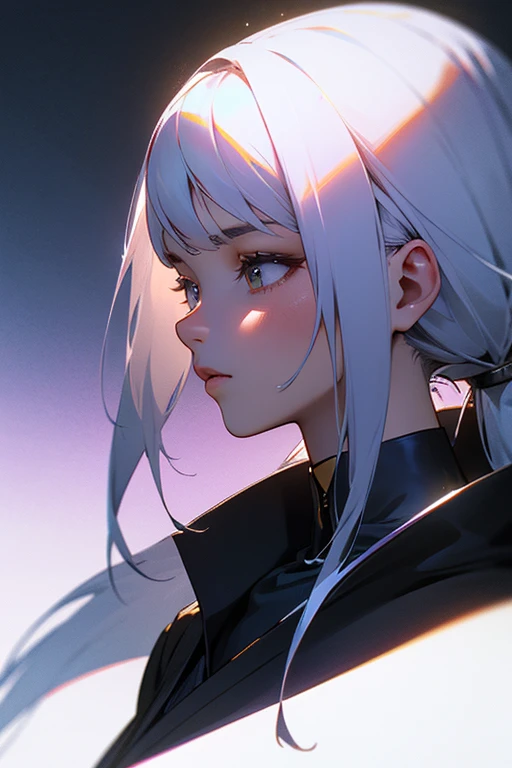 Generate a high-resolution 3D frontal render of a female winter fantasy character based on the "mafuyu" concept. She sports a sharp, futuristic hairstyle inspired by 963Noah, with hair that is pure white on the outside and shows a subtle inner gradient of deep purple reminiscent of Shinomiyaruna. The design is minimalist and elegant, using cinematic lighting to highlight smooth, realistic textures and a serene, frosty ambience.