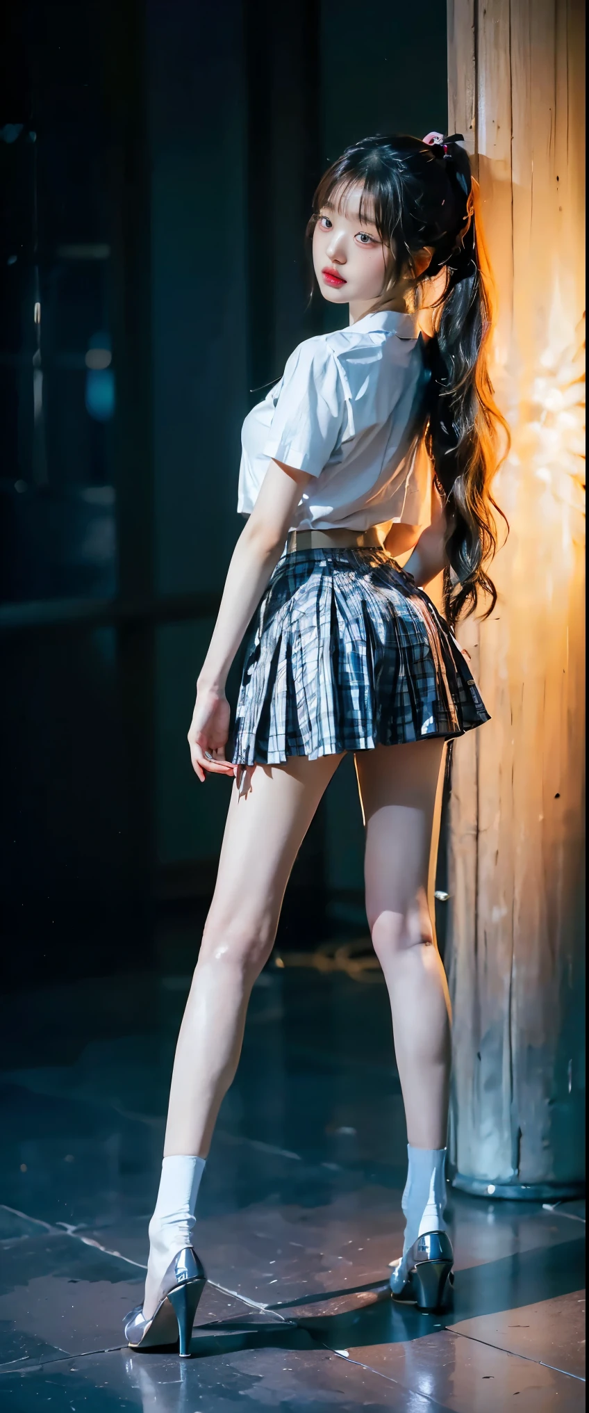 Highly detailed CG Unity 8k wallpaper、Highest quality、Ultra-detailed、masterpiece、Realistic、Photo realistic、A cute girl drawn in great detail、20-year-old、(Skirt rip)、(Roll up the skirt yourself))、White panties、Panty Focus、blush、Lips parted、Looking at the audience、Semi Body Shot、JAPANESE IDOL OUTFIT、stage、Showing panties、Waist、thigh、From below