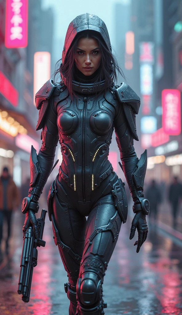 In 2025, Antandros is a futuristic warrior, wearing sleek, high-tech armor that adapts to her every movement. Her figure is powerful yet elegant, and her combat gear is both functional and stylish. She strides through a cyberpunk cityscape, with neon lights flickering around her as she readies for battle in this new world