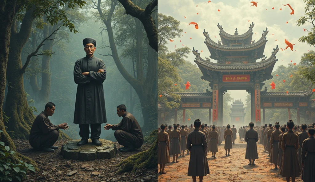A split-scene composition in cinematic historical style. On the left side: depict the tomb of a Vietnamese peasant hero deep in the misty forests of Yên Thế, early 20th century. In front of the tomb lies a life-sized stone statue of the hero: a Vietnamese man with a resolute, weathered face, wearing a traditional black "áo dài" (long tunic) and black "khăn xếp" (traditional turban), standing with arms folded. Around the tomb, several former comrades kneel respectfully, dressed in simple dark brown peasant garments. The forest is dense and quiet, with fog hanging low, creating a solemn, sacred atmosphere.

On the right side: a present-day festival at the hero’s memorial temple in Yên Thế, Bắc Giang. Crowds of Vietnamese villagers in traditional attire gather for a commemorative celebration. ren wear vibrant áo tứ thân, elders wear simple brown or black tunics. People offer incense, flowers, and food. In the background, a traditional Vietnamese temple with curved roofs and dragon carvings stands. Festive folk games like wrestling, tug-of-war, and chicken fighting are seen, but with a respectful mood. The environment is warm and nostalgic.

Style: highly detailed digital painting, ultra realistic, 8K, soft cinematic lighting, consistent character design (hero with black áo dài, khăn xếp, stern expression), misty forest on left side, bright temple courtyard on right, cohesive visual tone with previous scenes, no flags, no modern elements.
