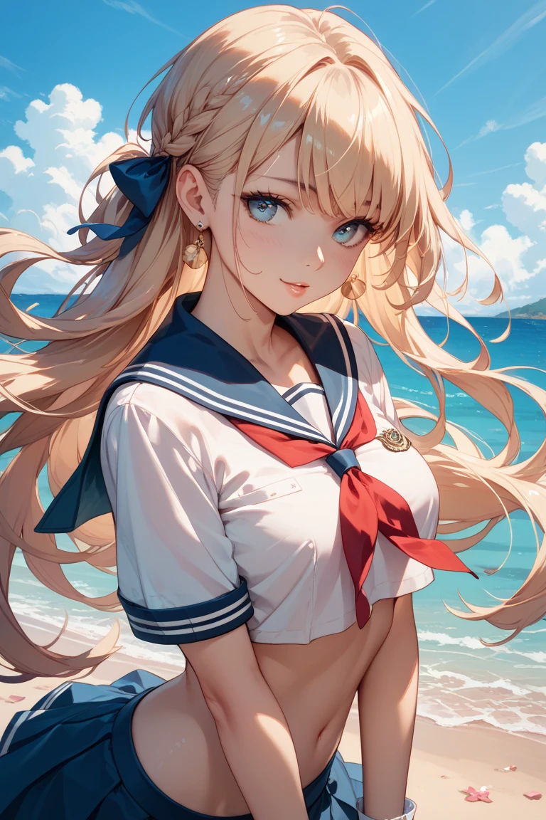 (highest quality, masterpiece),(One girl), Beautiful face with attention to detail, Long Hair, French Braid, Blonde Hair, Long Hair、Straight Hair、Fluttering in the wind、Red hairpin、smile、Grey Eyes, Beautiful, detailed eyes, Sparkling eyes,Drooping eyes、Cute face、(Medium sized breasts、Slender body)、serafuku、Sailor suit