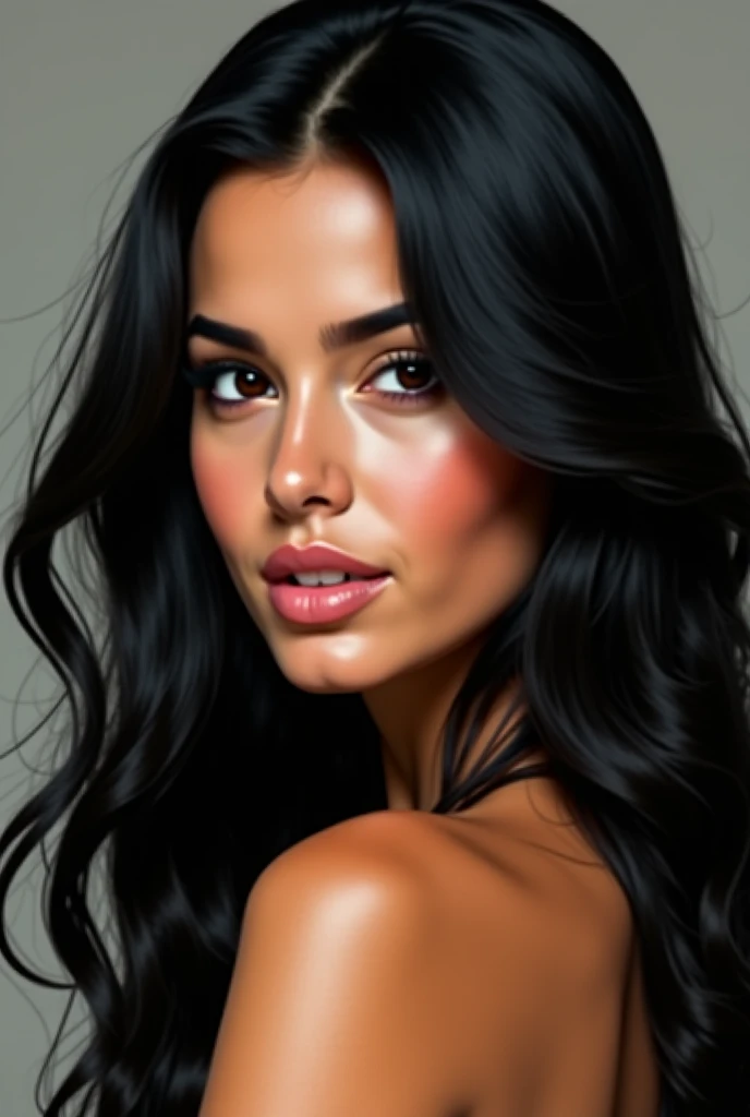 A realistic digital painting of a beautiful mexican woman, aged 25. She has medium-sized breasts, wears a pink bodysuit, and has soft, natural lips. Her hair is long and deep black brune with shaved sides. Her eyes are a captivating blue-gray. The artistic style is a blend of realism and conceptualism, with a keen focus on both soft and sharp details, maintaining a perfect balance using ruler levels. The style evokes the aesthetic of "Psycho".