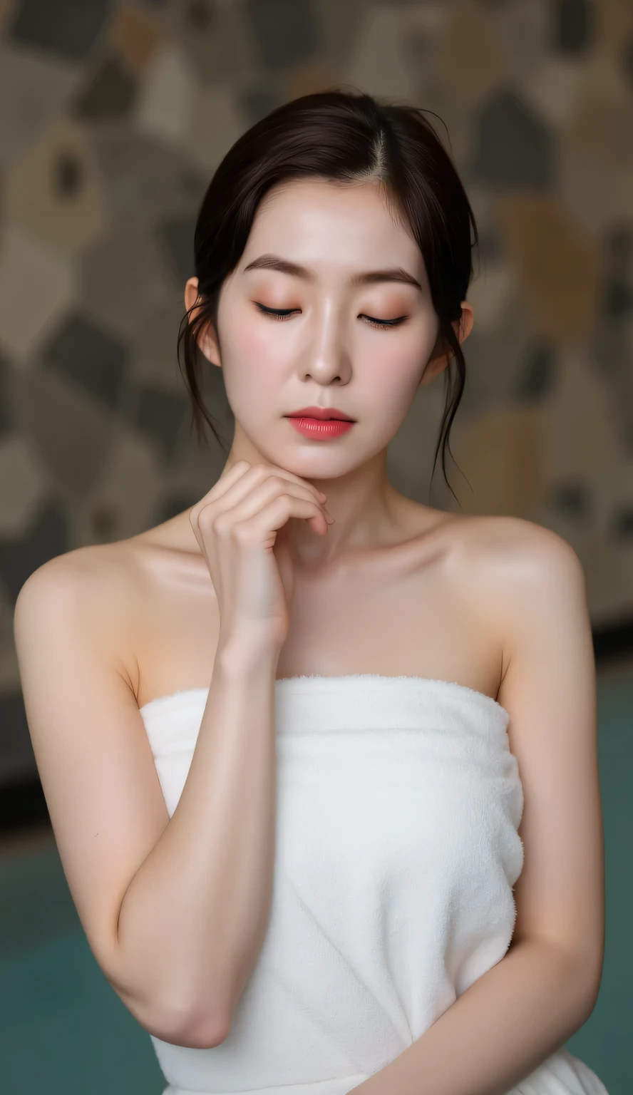 8k, masterpiece、hot springで、Mature woman wrapped in a towel, 25 years old、sexy pose, Background of open-air bath, Nikon Z6 II, high resolution images, rich colors, surreal lifelike texture, soft lighting, hot spring、wet hair、wet body、