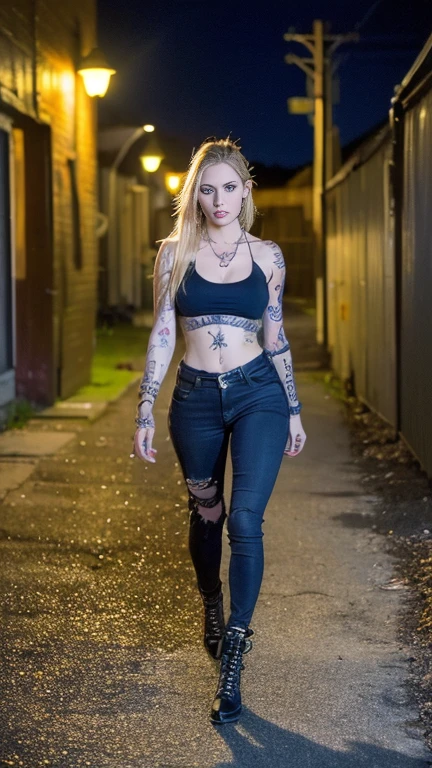 best qualityer,Artwork,ultra-high resolution,(Realisticity:1.4),OriginalPhoto,cinematic lighting, 1 girl, (((ukranian, blond,))) standing alone, estilo metalhead, at night under the moonlight, wearing ripped black pants, black clothing, Gothic style, warm body fit, face selfie, (tatuados ((only left arm)) (( colorful tattoo)), Heavy Metal Style, fot, fundo de show de heavy metal. realisitic, datailed, face detailed, 4K. Abandoned urban background at night.