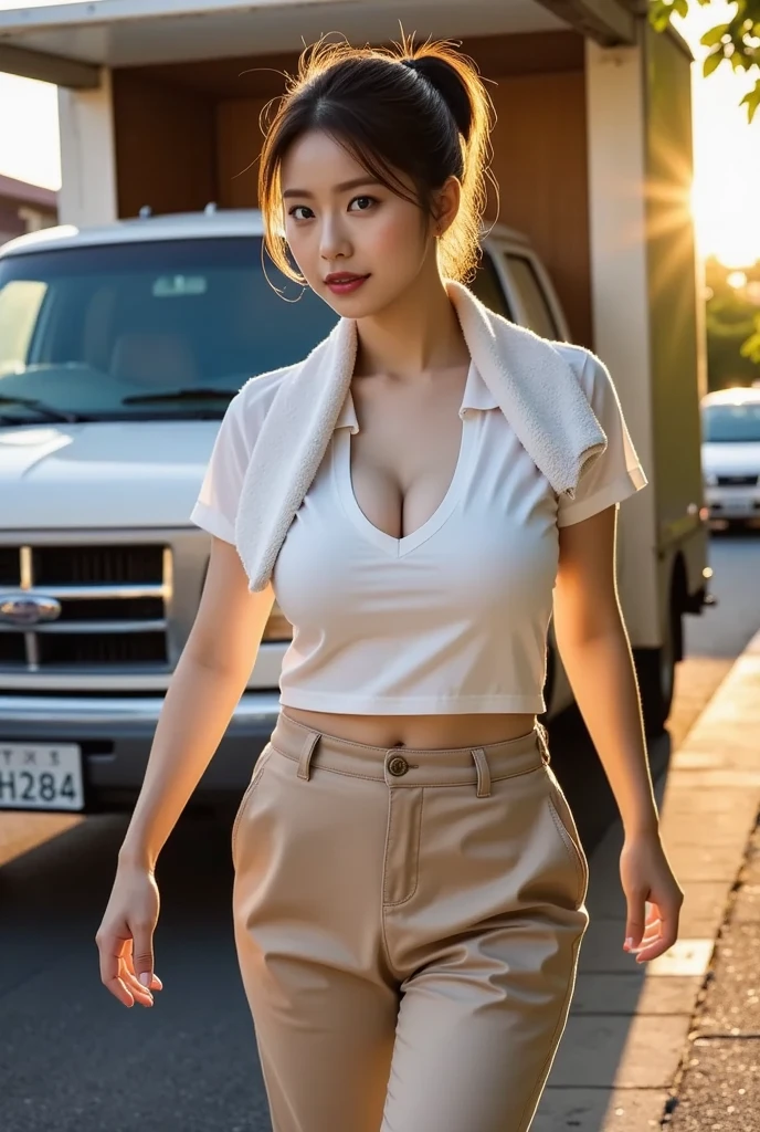 (1 lady), (Best quality at best:1.4), (ultra - detailed), (extremely detailed CG unified 16k), A Beautiful Woman with Perfect Figure: 1.4, Sharp Focus: 1.2, very detailed, High-definition RAW color photo, professional photoshooting, amazing face and eyes, cosmetics, (amazingly beautiful girl), ((Sonozaki Shion)), ((yellow ribbon, white shirt, blue necktie, blue skirt, black kneehighs)), standing, sexyposture,(Stylish urban landscape, day light), (look from down), realistic cinematic face, head to feet long wide zoomed out view, full body long view, photorealistic, ((realistic natural green hair style, green eyes, long hair)), gorgeous, extremely beautiful face, perfect model beauty, pout mouth, Highly Detailed Face and Skin Texture, Detailed Eyes, Double Eyelids, Big Breasts, Smile, cleavages, western, (masterpiece), best quality, high resolution, extremely detailed, detailed background, depth of field, cinematic lighting, amazing legs, clear and well-cared skin, (((woman occupies most of the picture)))