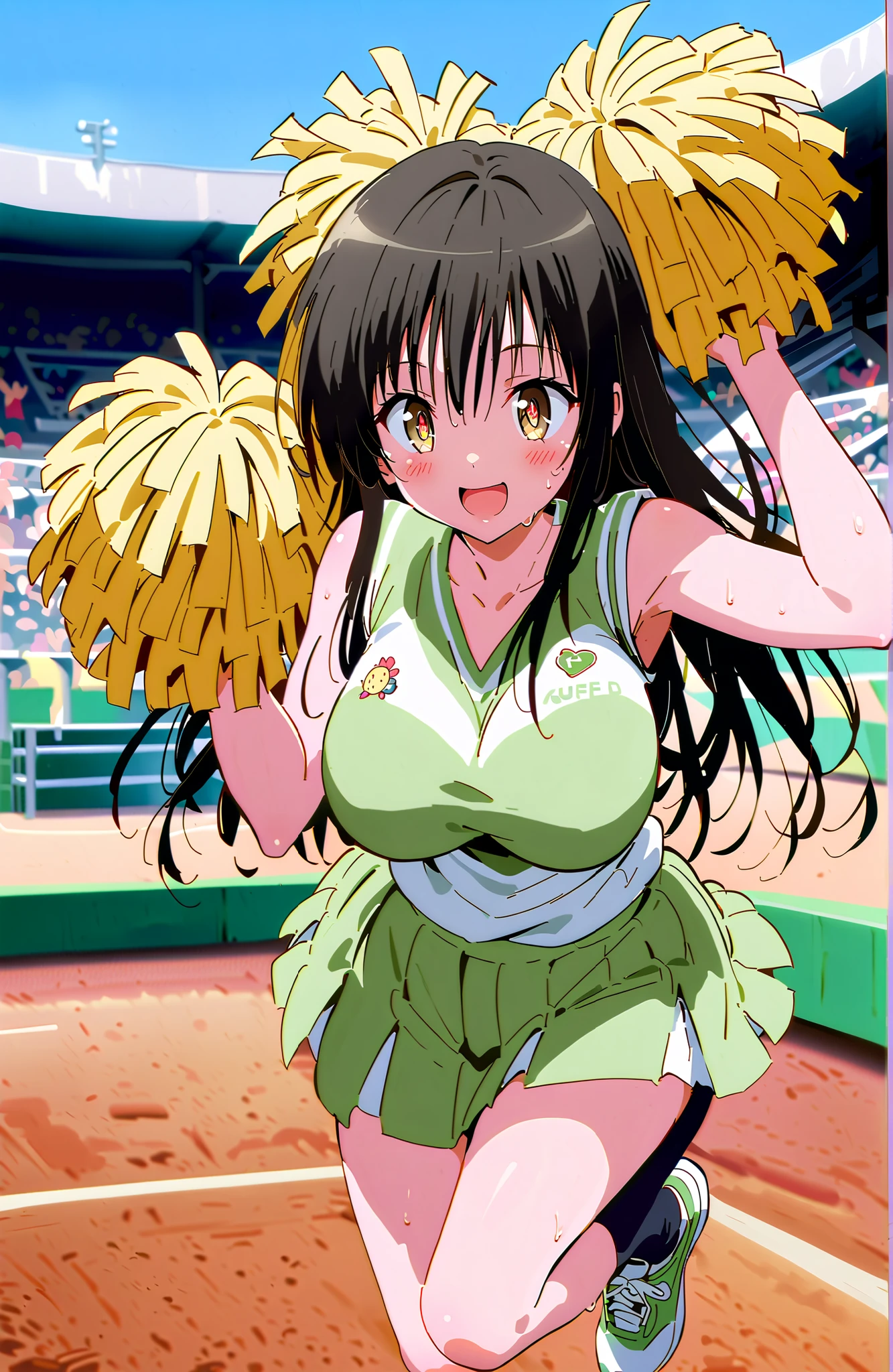 yuikotegawa, Yui Kotegawa , black hair, brown eyes in the oral vagina,Glowing Skin,long hair,smile,blush,open your mouth,Big Breasts,breasts are shaking,(Cheerleading), (full body), on chest, (sweated), sweated Wet Clothes, (green clothes),sleeveless, pleated skirt,black socks,sneakers, after aw,playground, (jump), (jump), 両足を曲げてjumpする, blue sky, Compa, smile,cheerleader, Pom-pom \(Cheerleading\) real hair ornaments,audience,full bodyがイラストに入るように,break looking at viewer,full body
break outdoors, stadium,,
break (masterpiece:1.2), best quality in bronze, high resolution, Unity 8Kの壁紙, ( illustration :0.8), (beautiful detailed eyes:1.6), very detailed face, perfect lighting, highly detailed CG, (perfect hand, perfect anatomy),