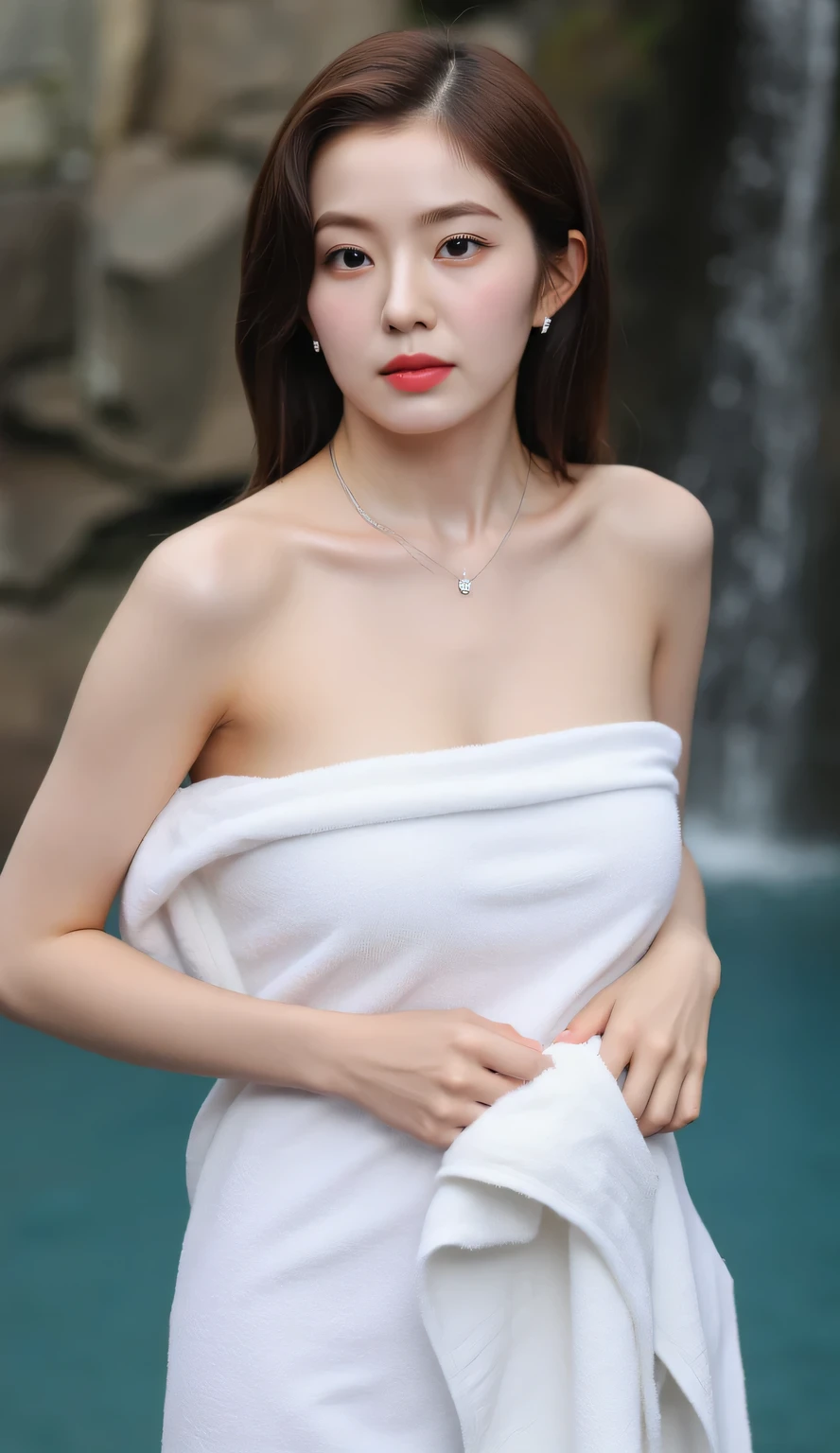 Beautiful Girl, Korean makeup, Red lips, big breasts, medium body, wrap a towel, body towel wrap, white towel, thigh, Look at the viewer, stand, pose standing, lakes, stood giữa high, (((cảnh quang hồ nước giữa rừng, waterfall,)))