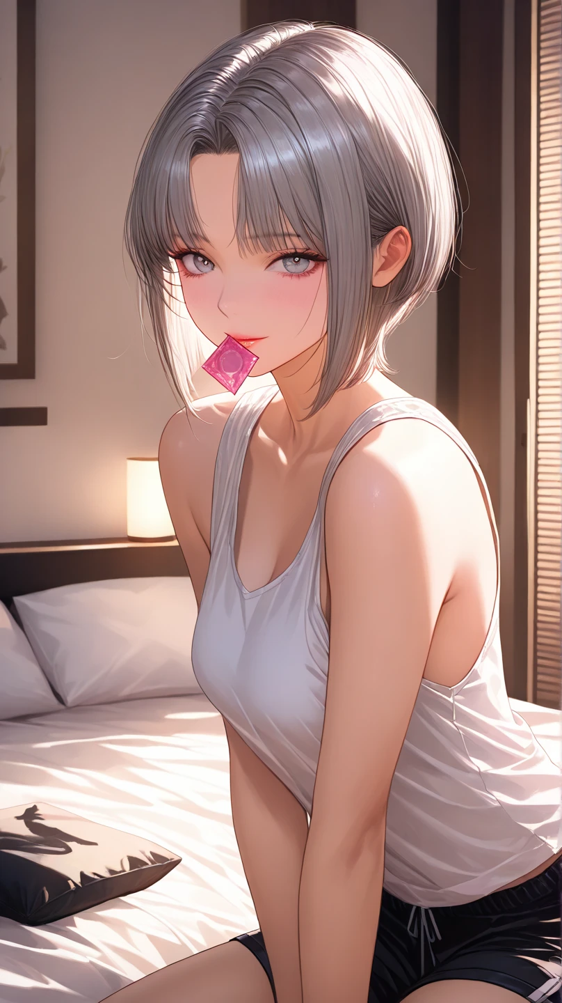 (RAW photo, best quality, masterpiece: 1.2), (photorealistic: 1.4), best lighting, 20 years old, (light gray hair, short bob cut, hair in 7 thirds, hair over one ear, :1.3), (Symmetrical eyes, solo, medium breast, Detailed Skin, like a model:1.2), looking at viewer, (smile, light gray hair, cowboyshot, ((solid pink background)), standing, ((Eccentric fashion in pink with little skin exposure)), cute necklace:1.25)