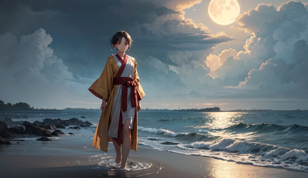 Style: illustrated in a cartoon style, warm earthy color palette, pastel shading, no background
Description: A figure walks through a storm, robes drenched, but their eyes are fixed upward where a single break in the clouds reveals a shining full moon. The moon’s reflection forms a path on the water at their feet, echoing the Dhammapada’s guidance.