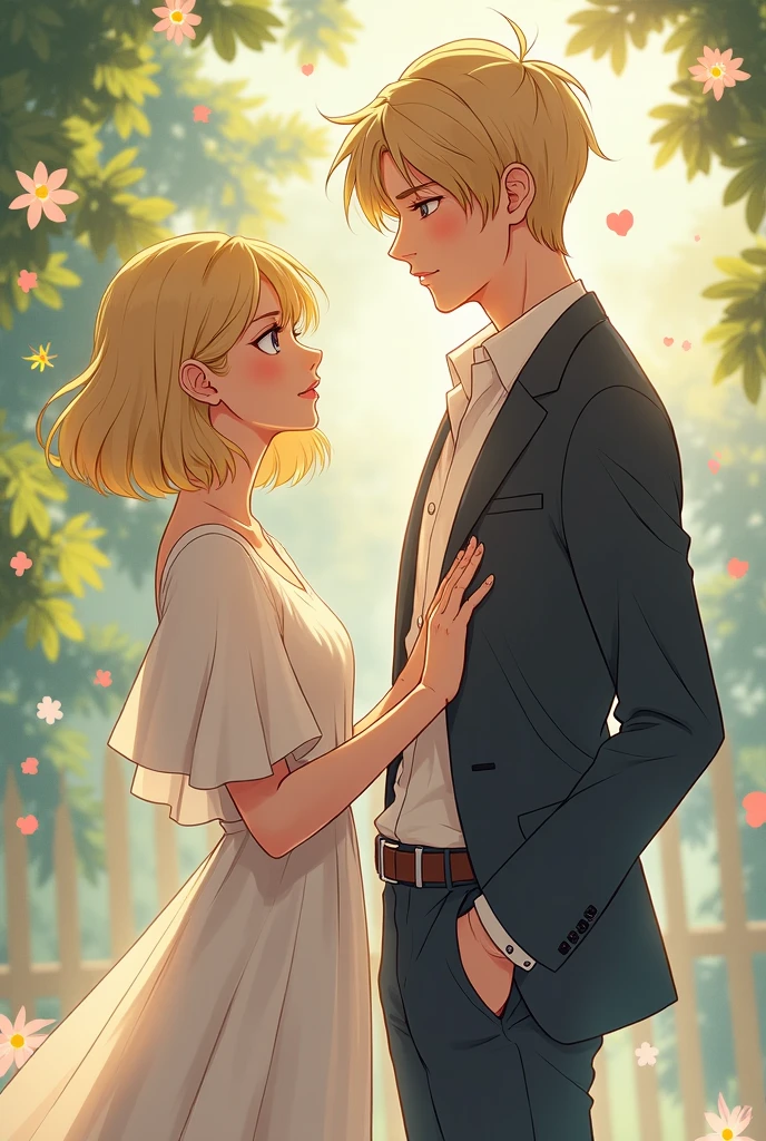 A lady in a simple clothes with short blonde hair is standing in front. There is a tall handsome man standing at her back. Make it in anime style