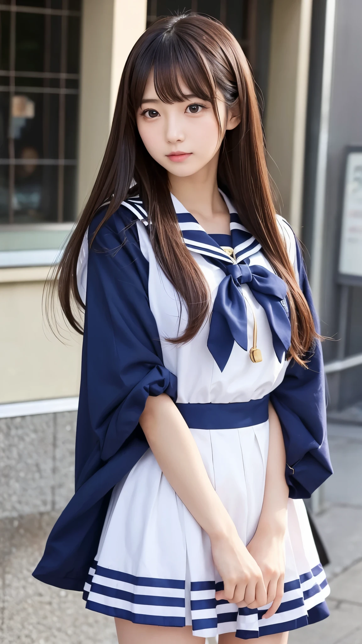 1 female,(((sailor suit))),((skirt)),Back view,look back,shy、blush,(red cheek),((looks happy:1.3))、:p,thighhighs,((loafers)),curvy thighs,Breathless face、sweating、Excited facial expression、Long Hair、Realistic,High resolution,Soft Light,Large Breasts, blue eyes,