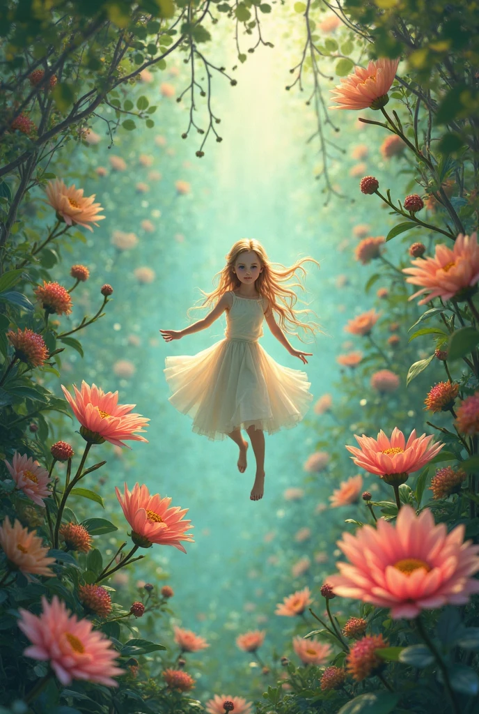 A girl walks through a sea of flowers   Low angle, looking up，Emphasize the height of the flowers and the smallness of the girl   Gentleness and joy，As if in a fairy tale   Petals dance in the wind，A girl's skirt dances with petals，Surrounded by colorful flowers   Soft morning light filters through the gaps in the leaves，Scattered on the sea of flowers and the girl   Watercolor style，Fresh colors，Full of life