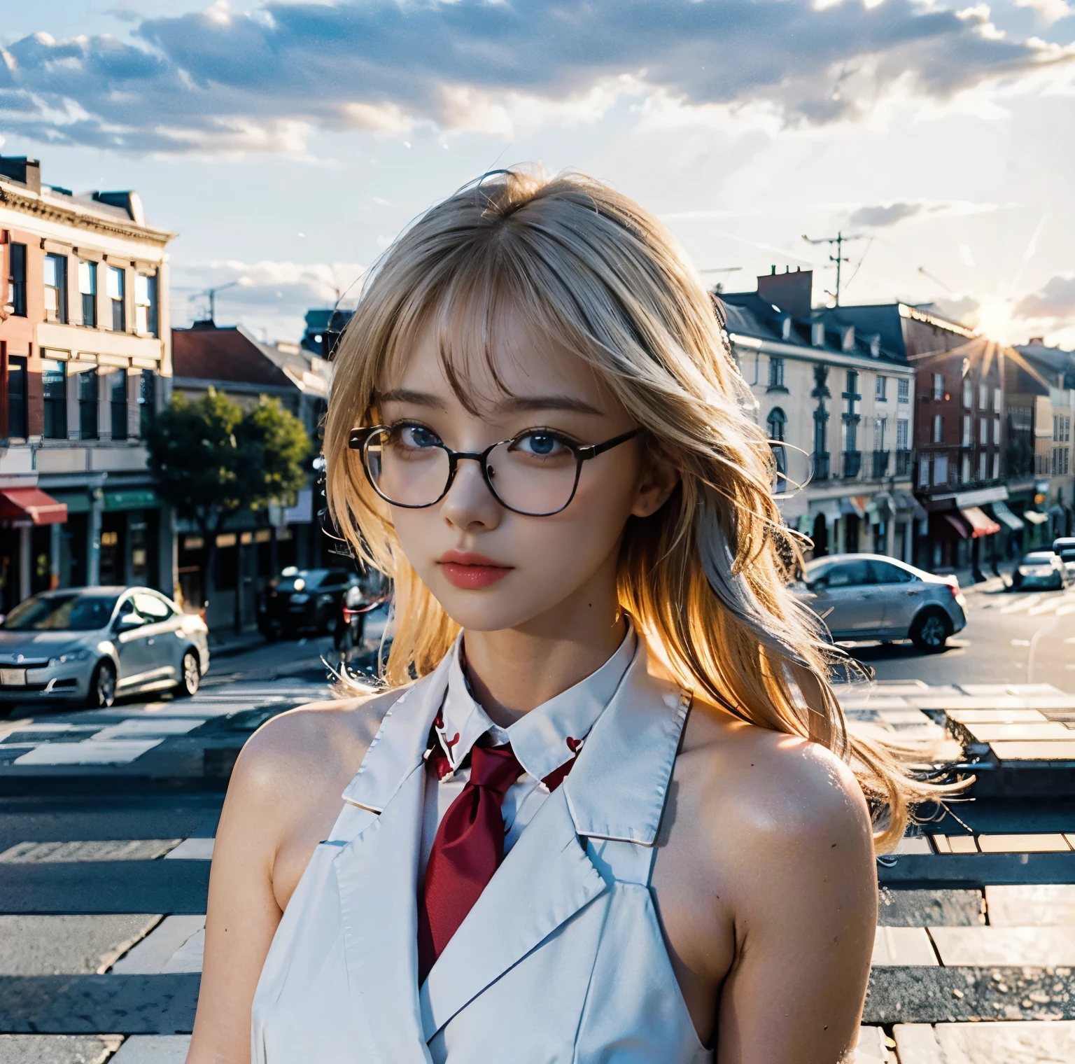 8K quality, pictures, Two beautiful men and beautiful women, (Beautiful like a goddess), in the city where the backlight of the intense sunset is dazzling, From the neck up, Red thin string ribbon tie on the collar, (Extra-fine silver glasses:1.2), (Brilliant, beautiful, bright blue eyes), (Blonde hair blowing in the wind), White Porcelain Whitening Skin,  has bangs, super big , Photograph, look at the camera, 