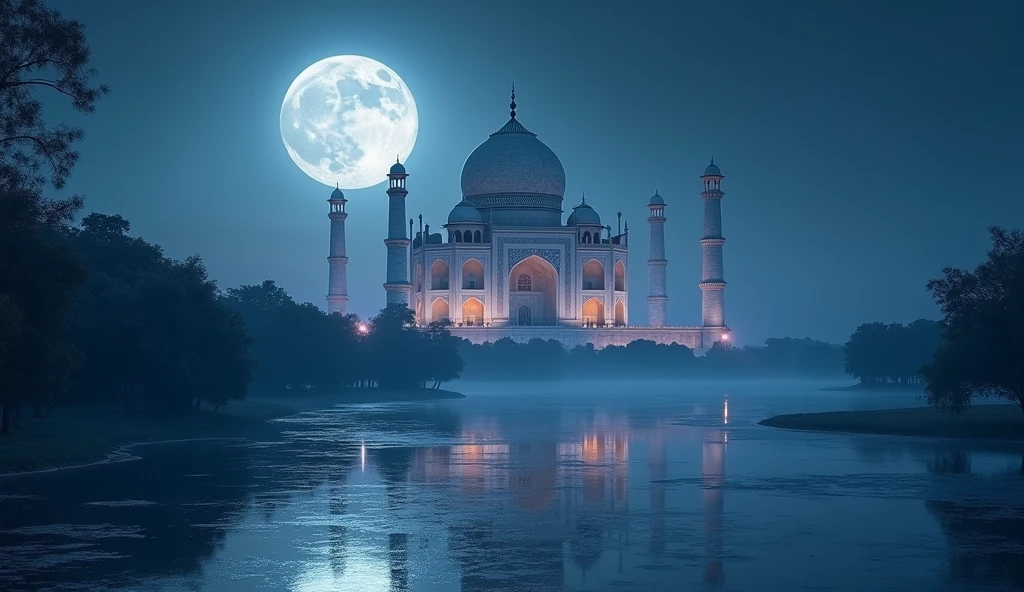 Taj Mahal under moonlight and with few stars above a realistic picture a real picture