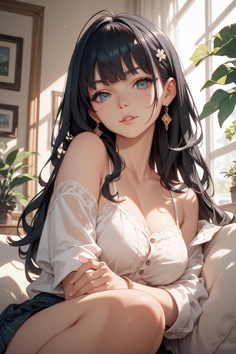 Delicate painting, Beautiful girl, Long black hair, Wavy Hairstyle, , smile, necklace, temperament, milk,