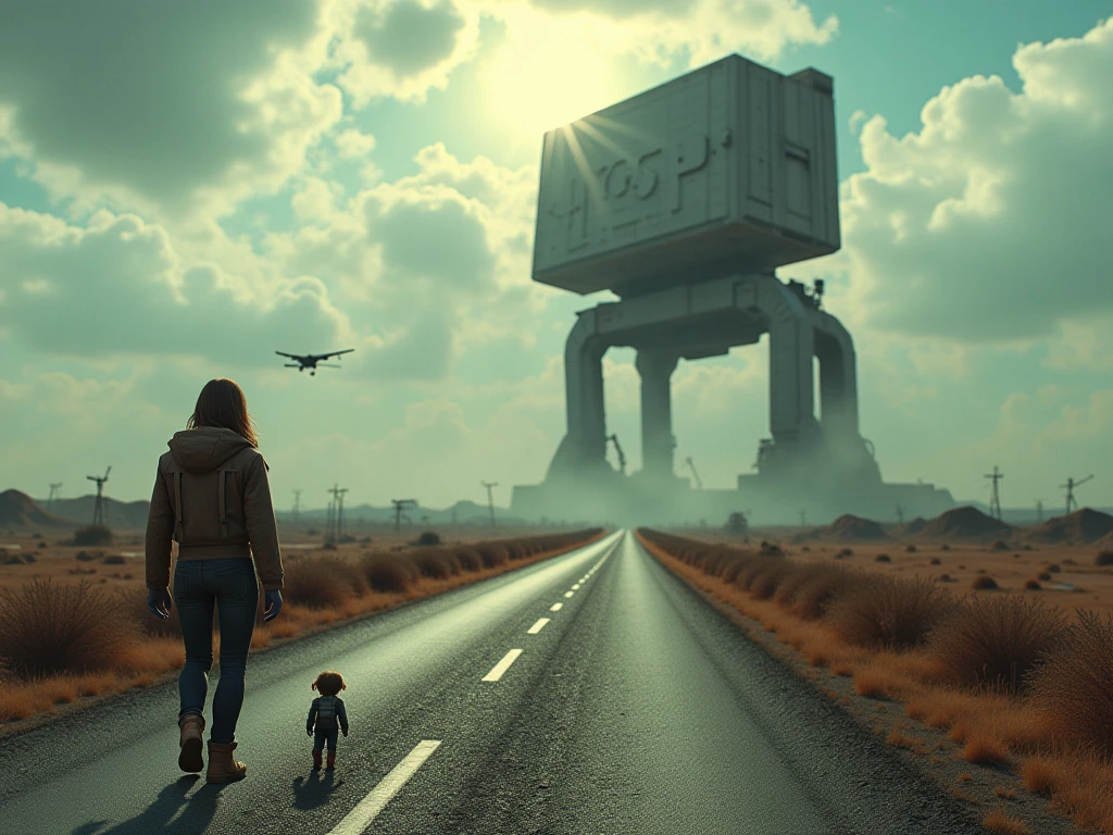 A cinematic, melancholic sci-fi scene inspired by “The Electric State” (2025). A age girl travels across a retro-futuristic American wasteland with her small, loyal robot companion. The world is filled with remnants of a decaying civilization—abandoned drones, collapsed satellites, and rusting holograms along overgrown highways. A massive war machine looms in the distance, casting a shadow over the desolate landscape. The sky is painted with dramatic, stormy clouds and faint glowing embers. Add the movie title “THE ELECTRIC STATE” in bold, epic, war-themed typography across the sky, as if it’s part of the scene’s atmosphere—majestic, powerful, and haunting